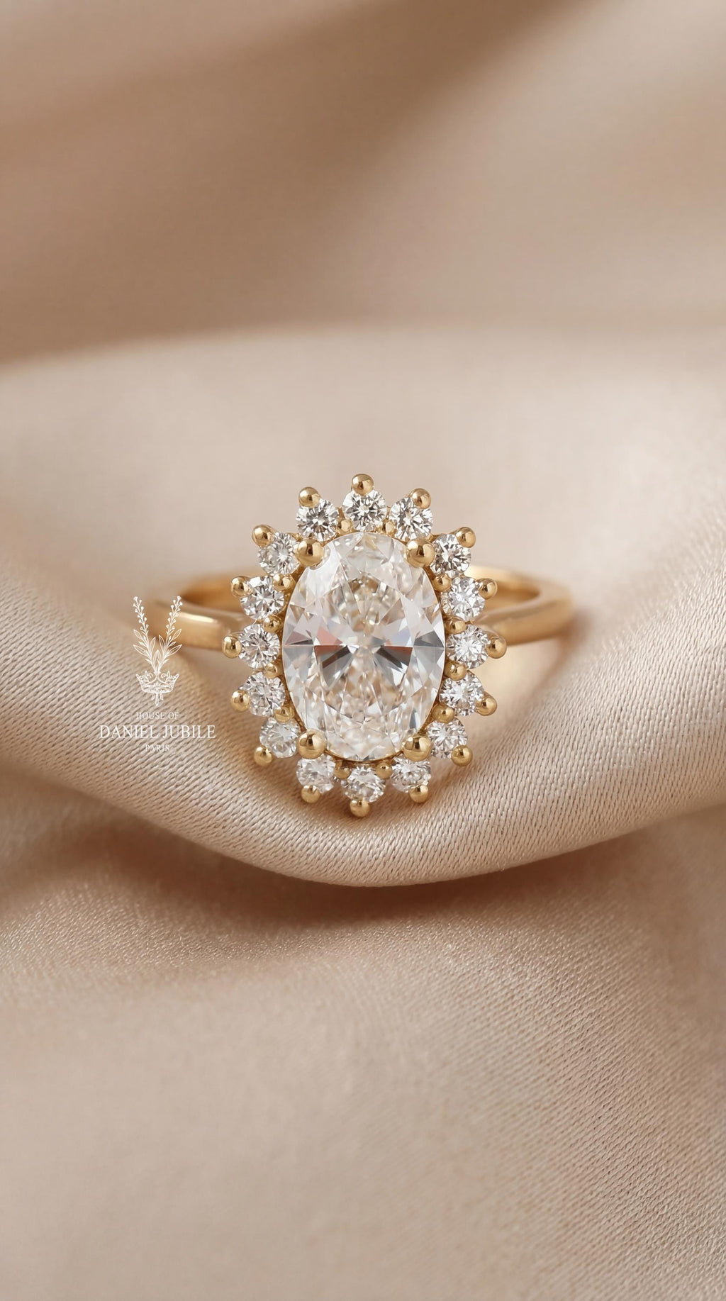 3.60ctw Oval Lab Diamond Sunburst Ring – 14k Gold Art Deco Engagement Gift