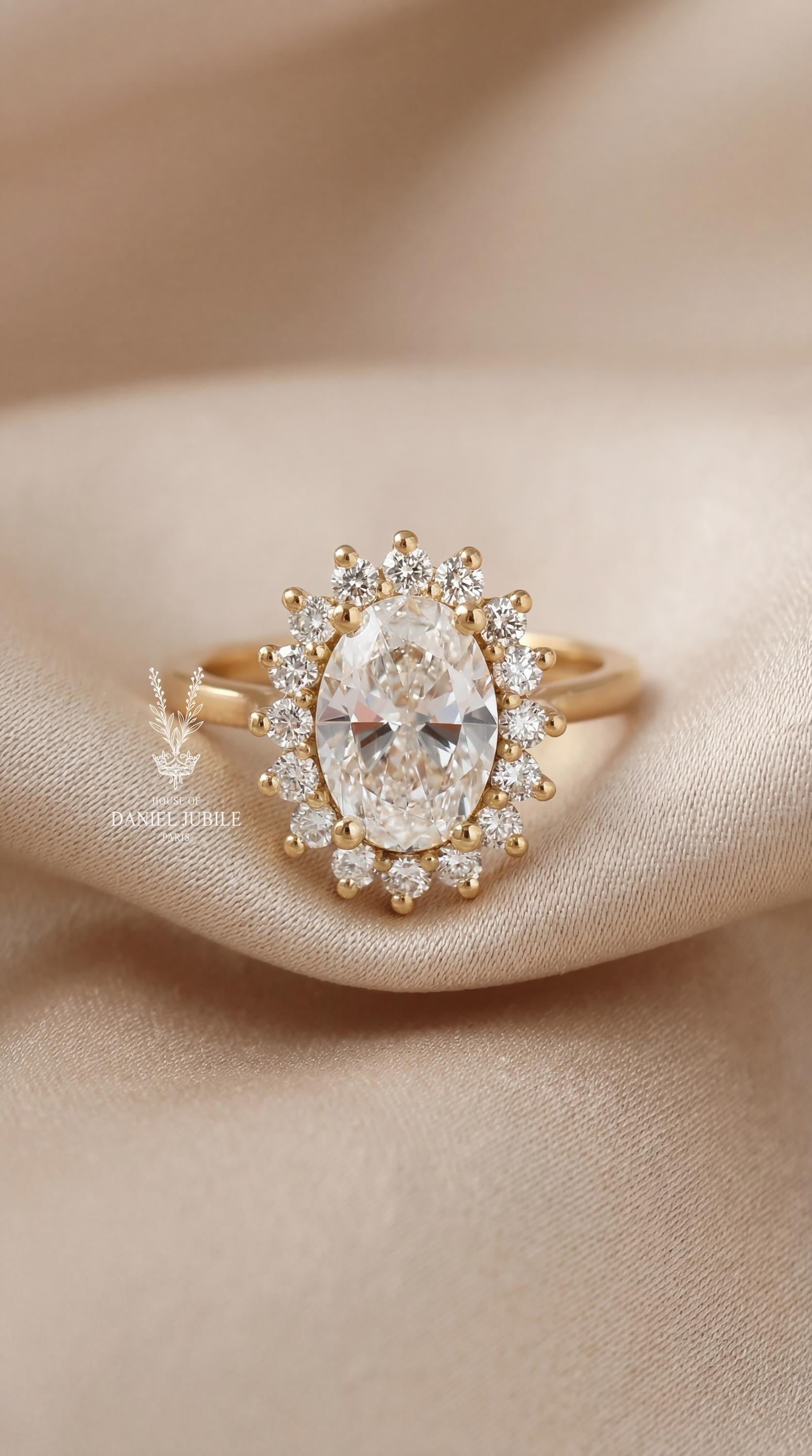 3.60ctw Oval Lab Diamond Sunburst Ring – 14k Gold Art Deco Engagement Gift