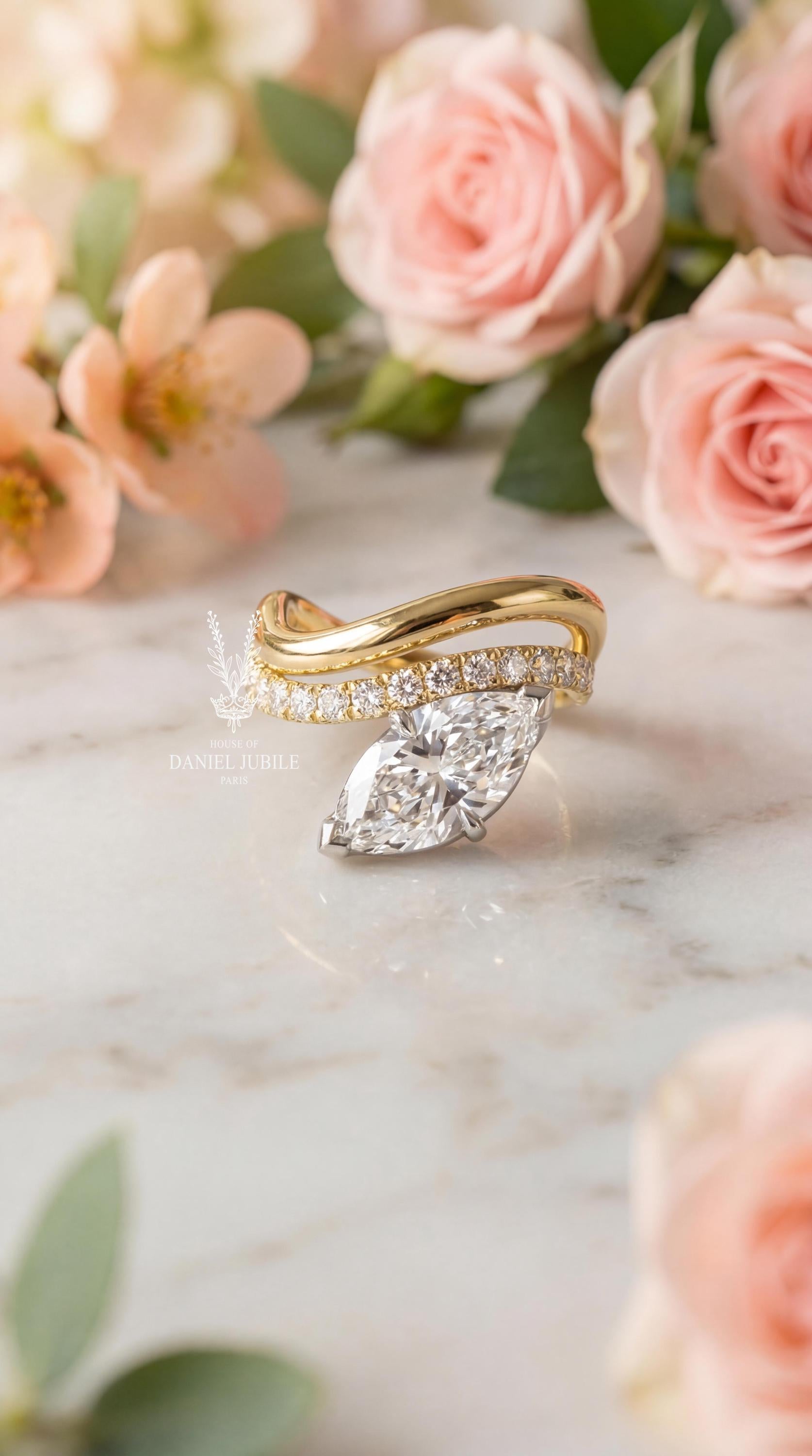 3ctw Marquise Lab Diamond Engagement Ring – 14k Gold Twisted Bypass Band