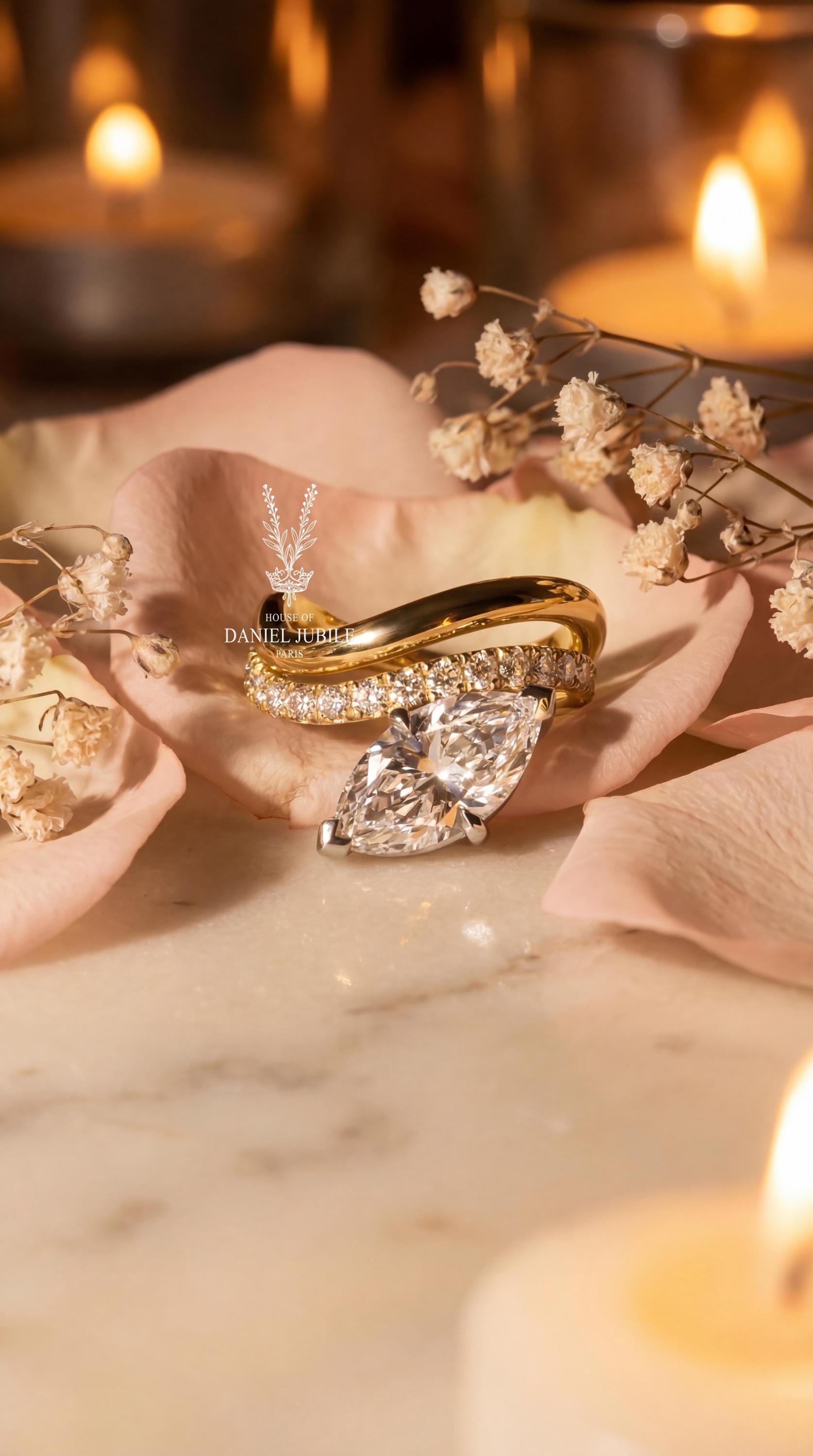 3ctw Marquise Lab Diamond Engagement Ring – 14k Gold Twisted Bypass Band