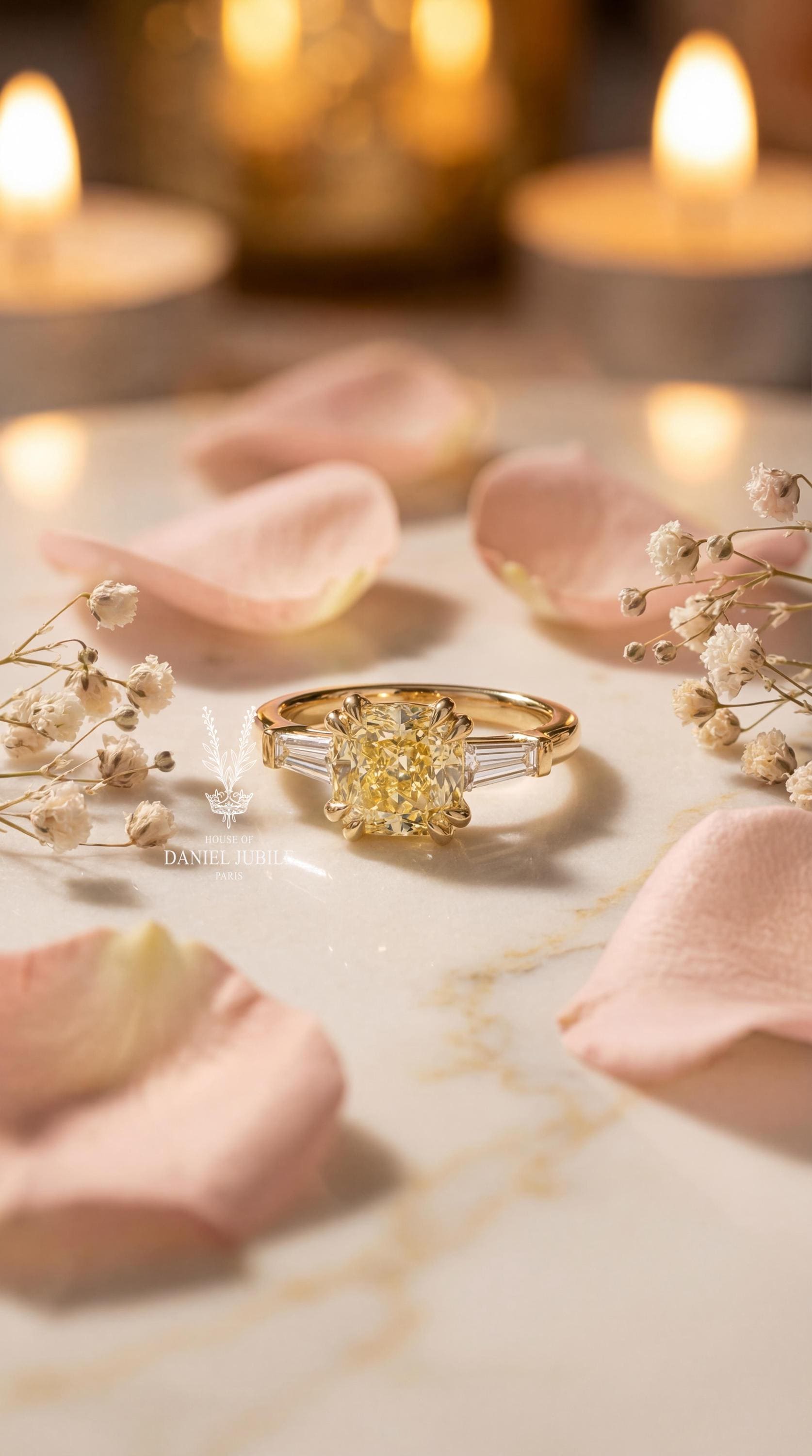 2.60ctw Fancy Yellow Cushion Cut Lab Diamond Ring – 14k Gold Art Deco Engagement Ring