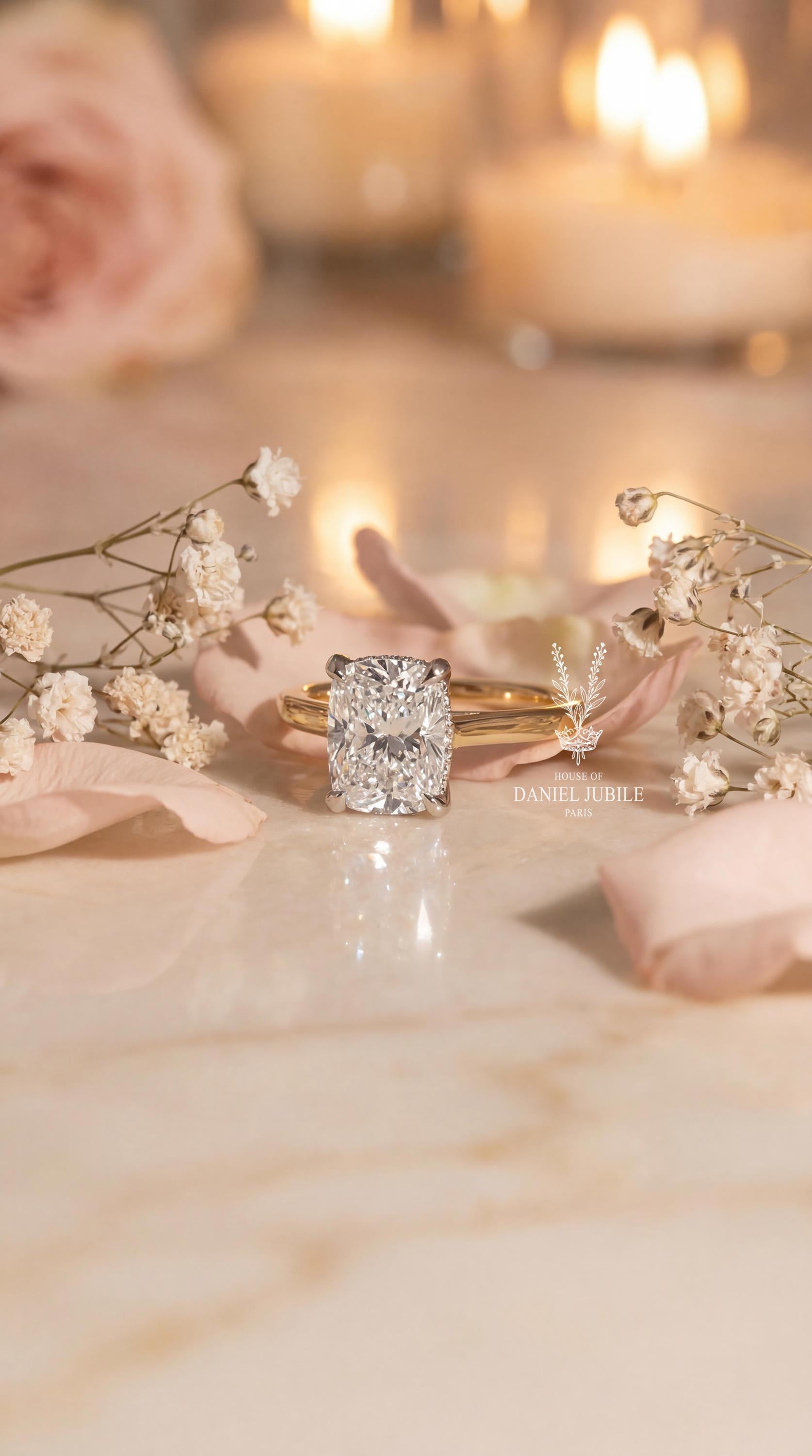 5 Carat Cushion Cut Lab Diamond Ring – 14k Gold, Hidden Halo, Eagle Claw Prongs