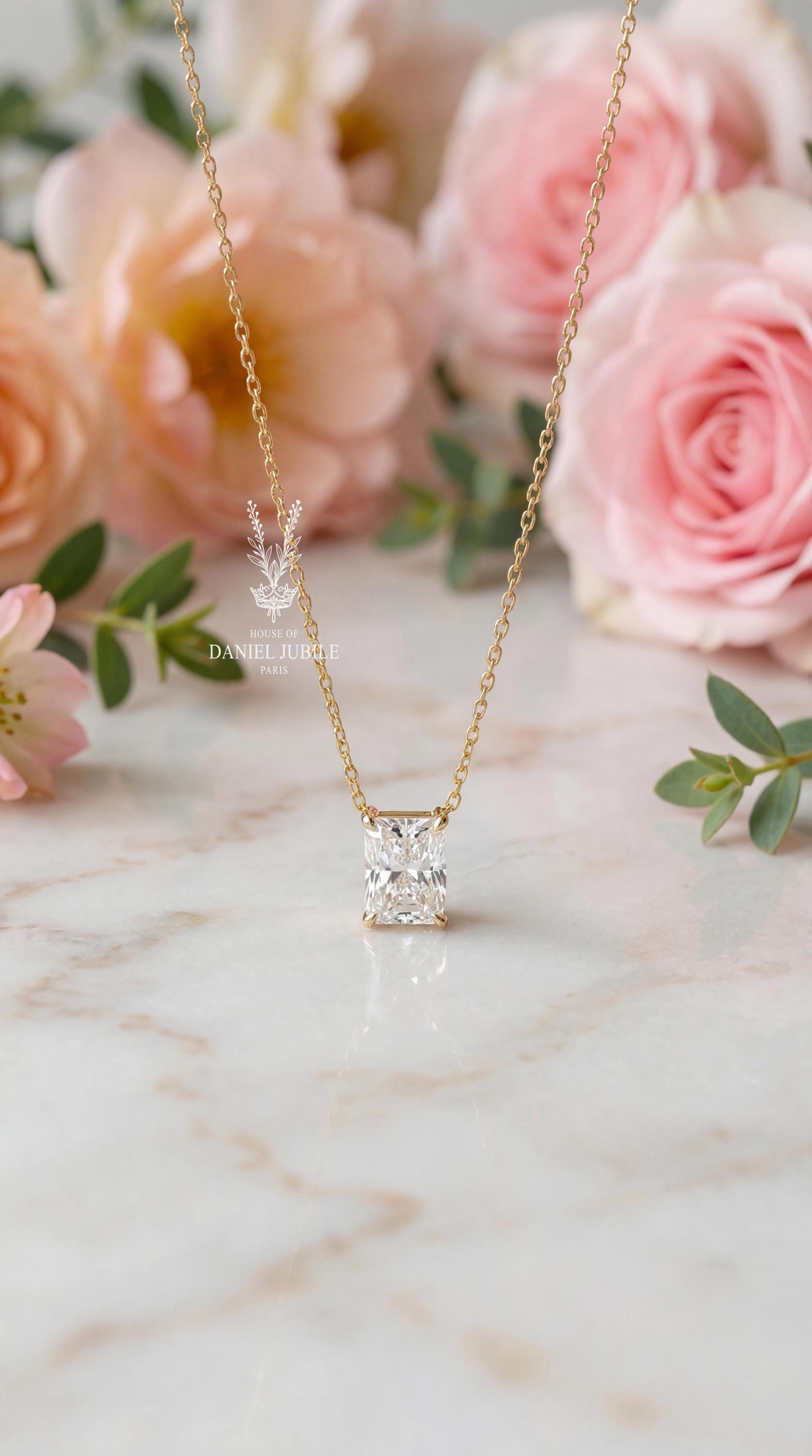 1ct Emerald Cut Lab Diamond Solitaire Pendant – 14k Gold Cable Chain