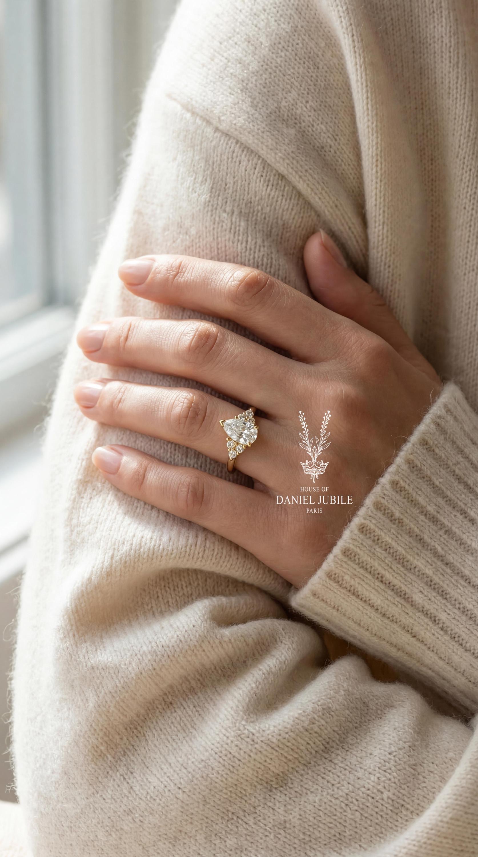 2Carat Pear Cut Lab Diamond Cluster Ring – 14k Gold Tri-Stone Engagement Ring