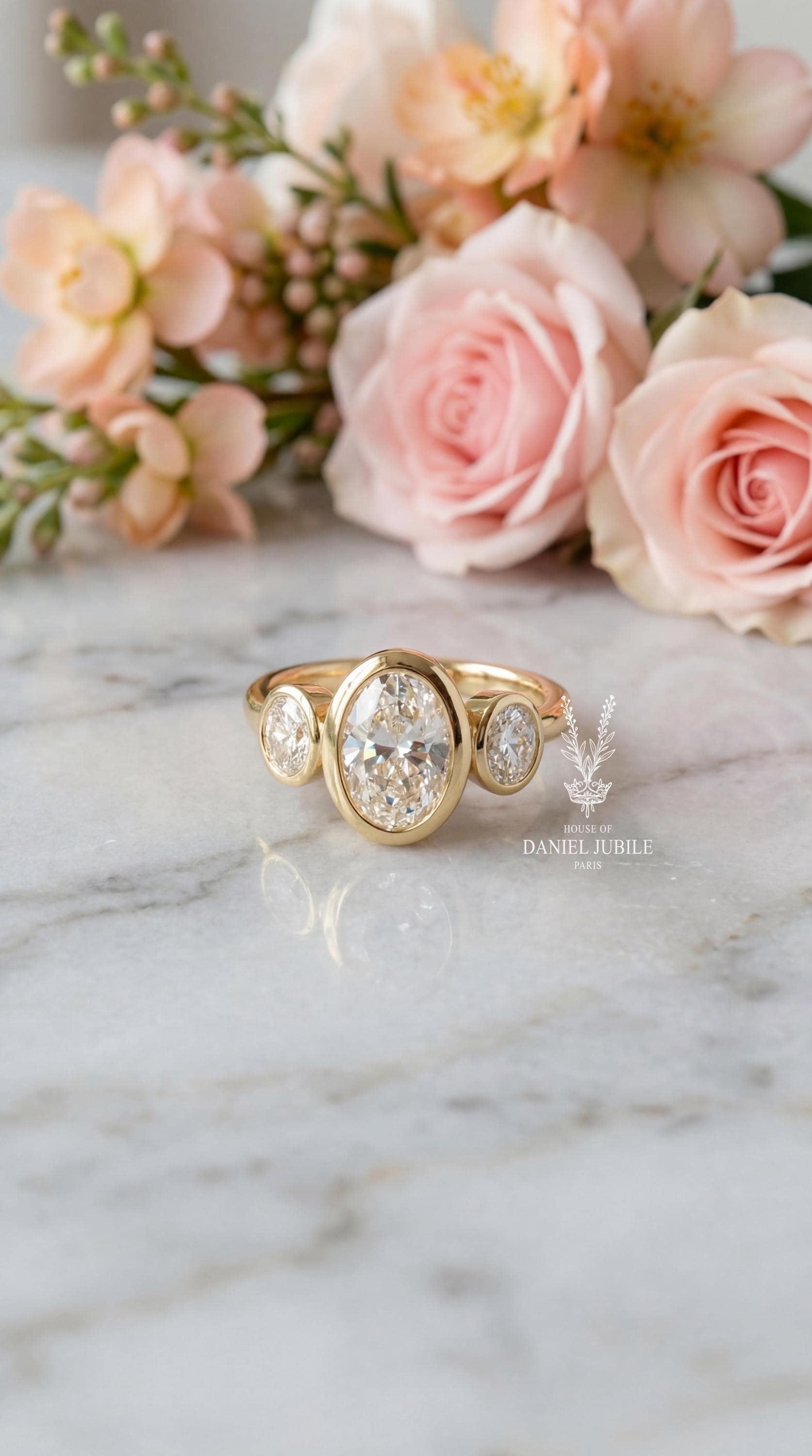 4.08 Carat Oval Lab Grown Diamond Engagement Ring, Bezel Set Trilogy 14k Gold