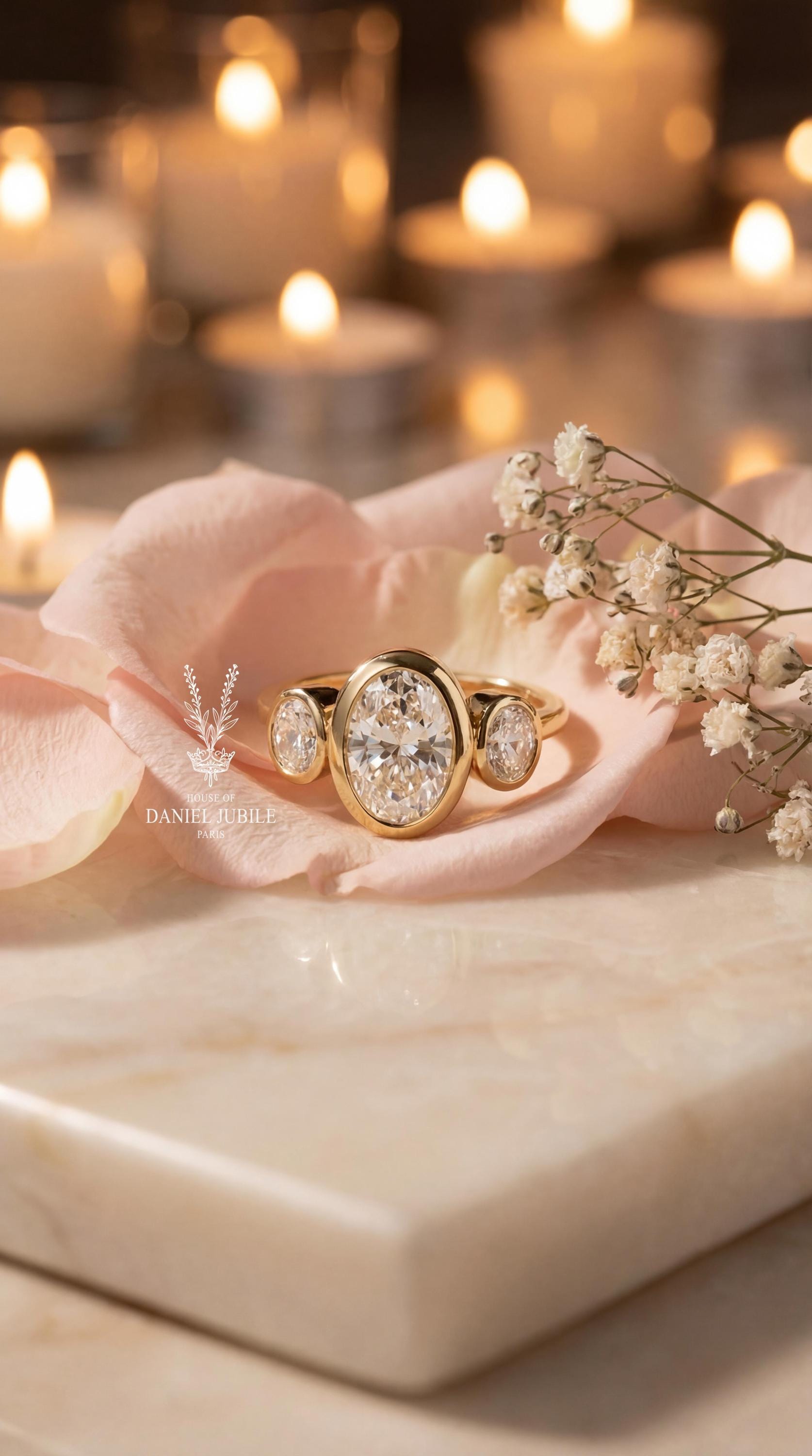 4.08 Carat Oval Lab Grown Diamond Engagement Ring, Bezel Set Trilogy 14k Gold