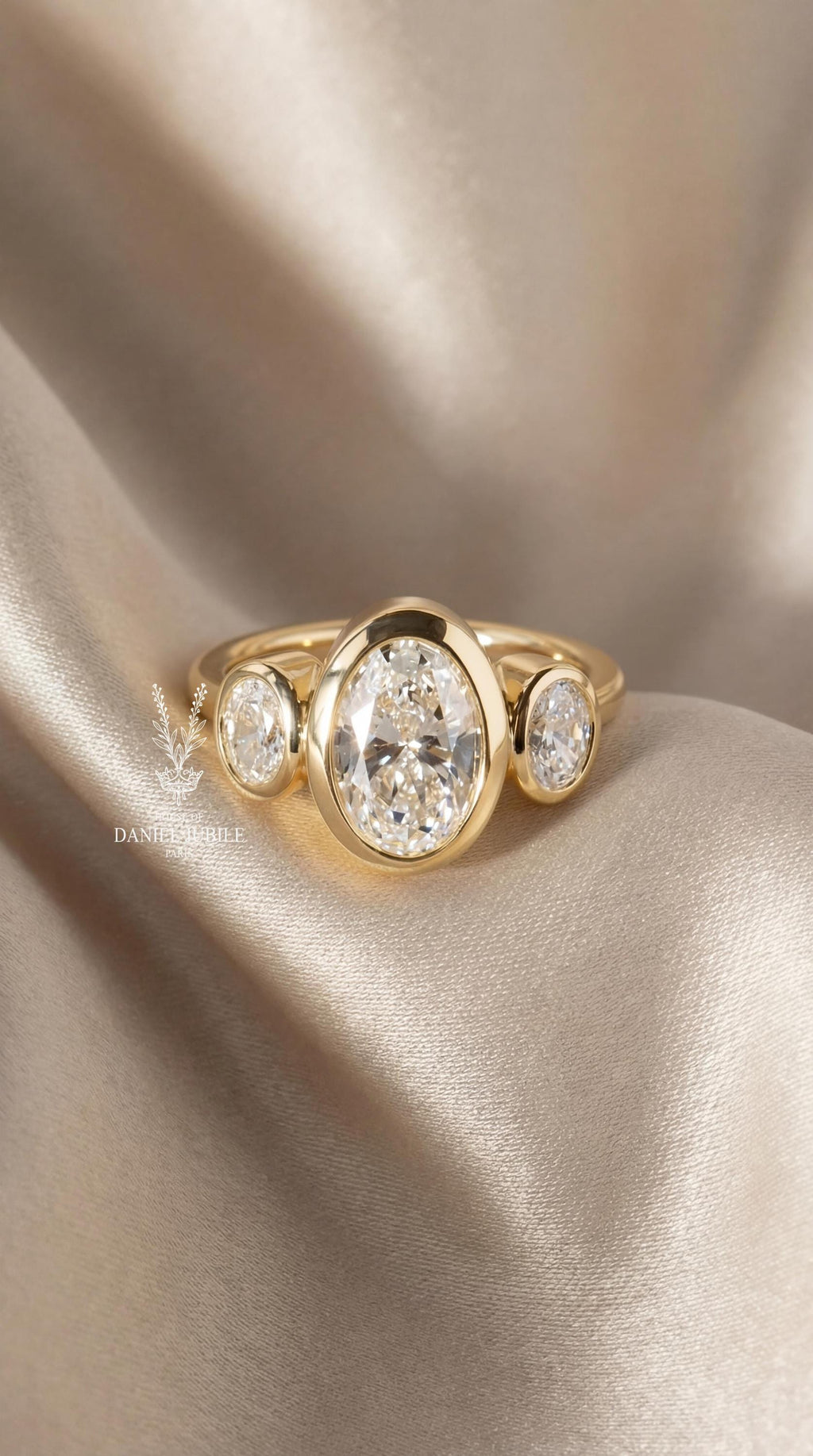 4.08 Carat Oval Lab Grown Diamond Engagement Ring, Bezel Set Trilogy 14k Gold