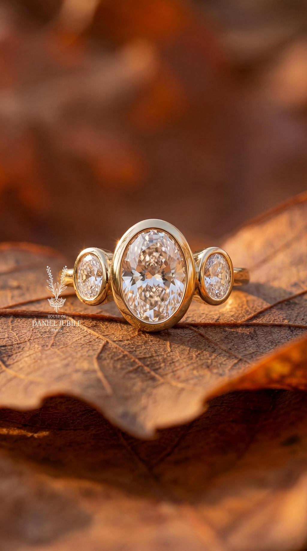 4.08 Carat Oval Lab Grown Diamond Engagement Ring, Bezel Set Trilogy 14k Gold