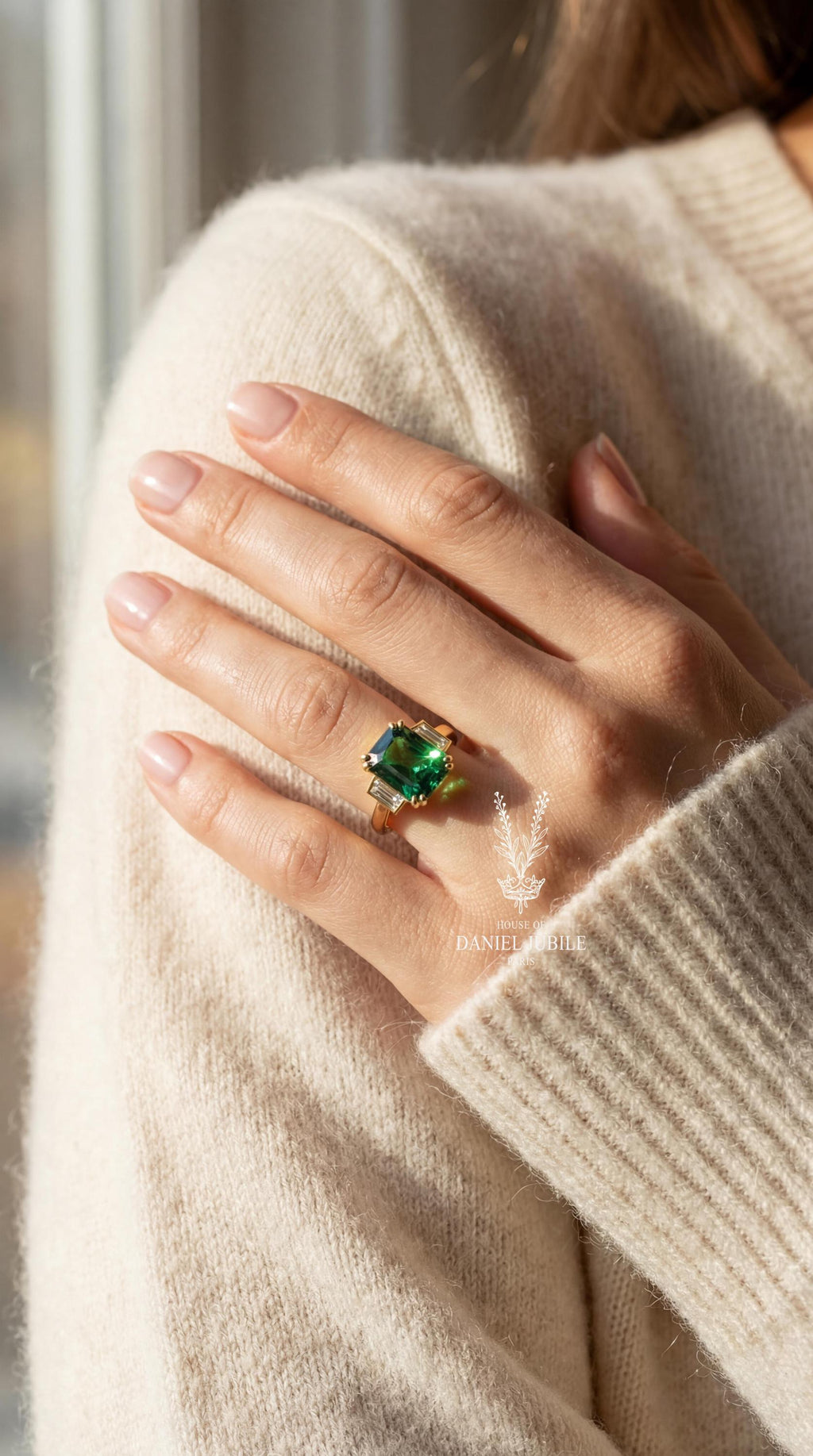 Art Deco Green Cushion Cut Lab Diamond Engagement Ring - 14k Gold