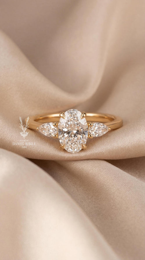 2ct Oval Lab Diamond Engagement Ring – 14k Gold Trilogy Ring with Pear Accents