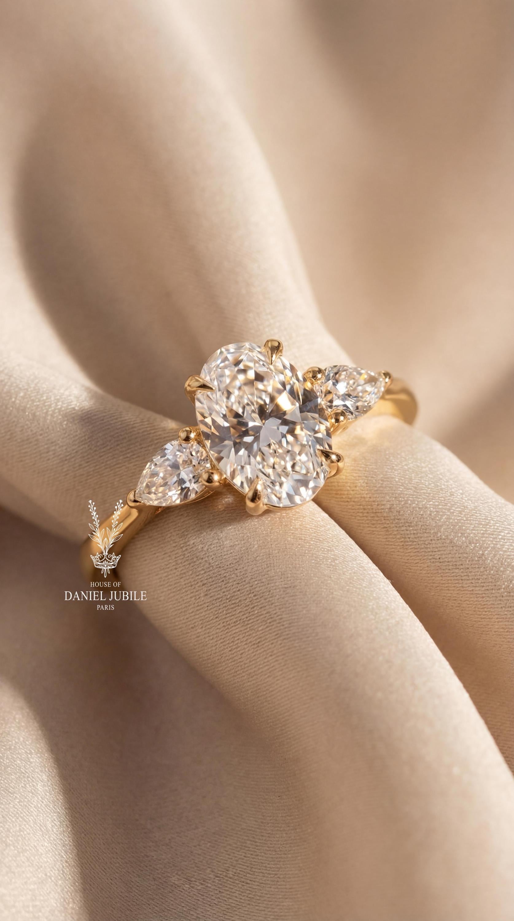 2ct Oval Lab Diamond Engagement Ring – 14k Gold Trilogy Ring with Pear Accents