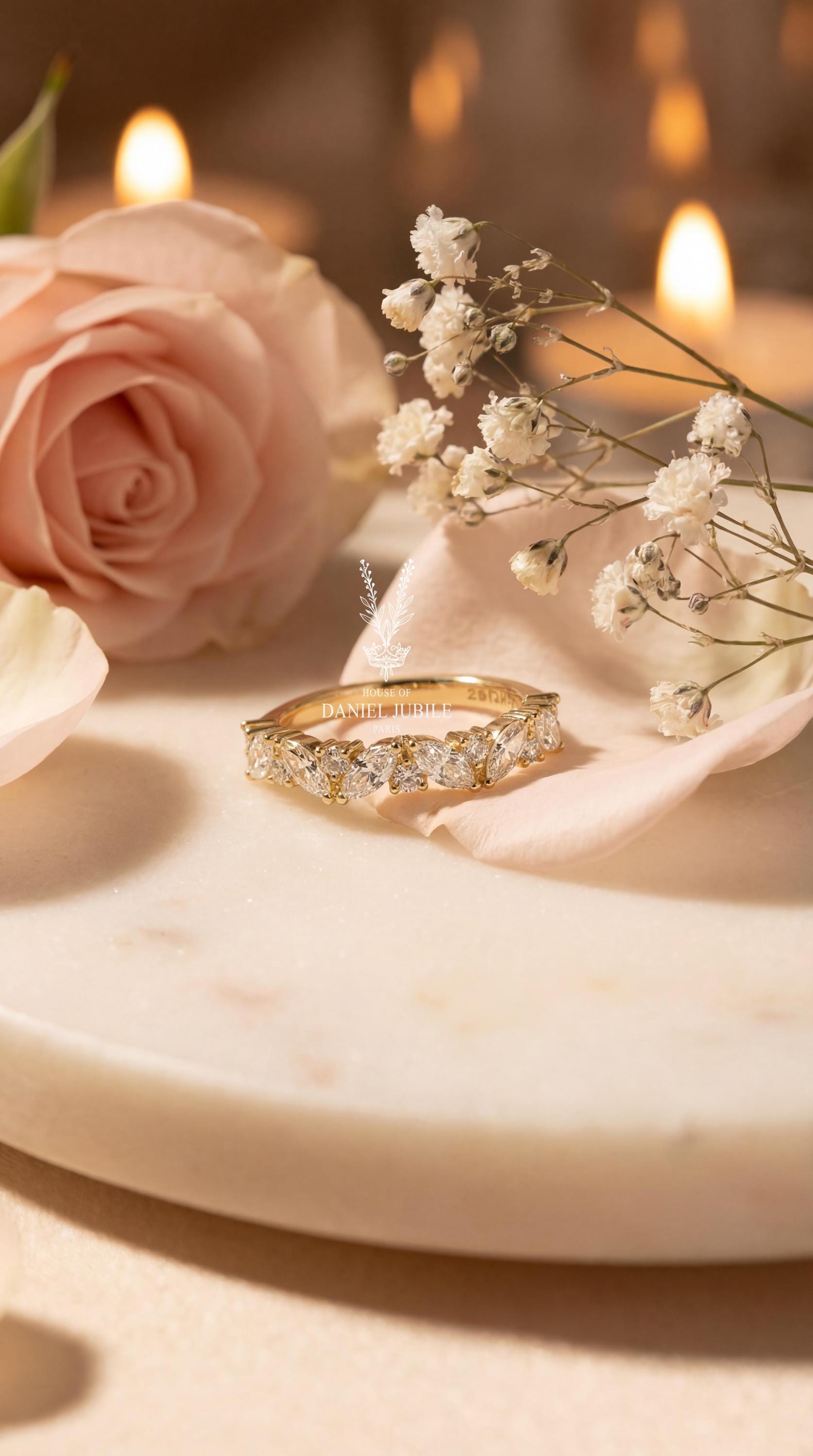Marquise Lab Diamond Wedding Band – 2ctw Floral 14k Gold Stacking Ring