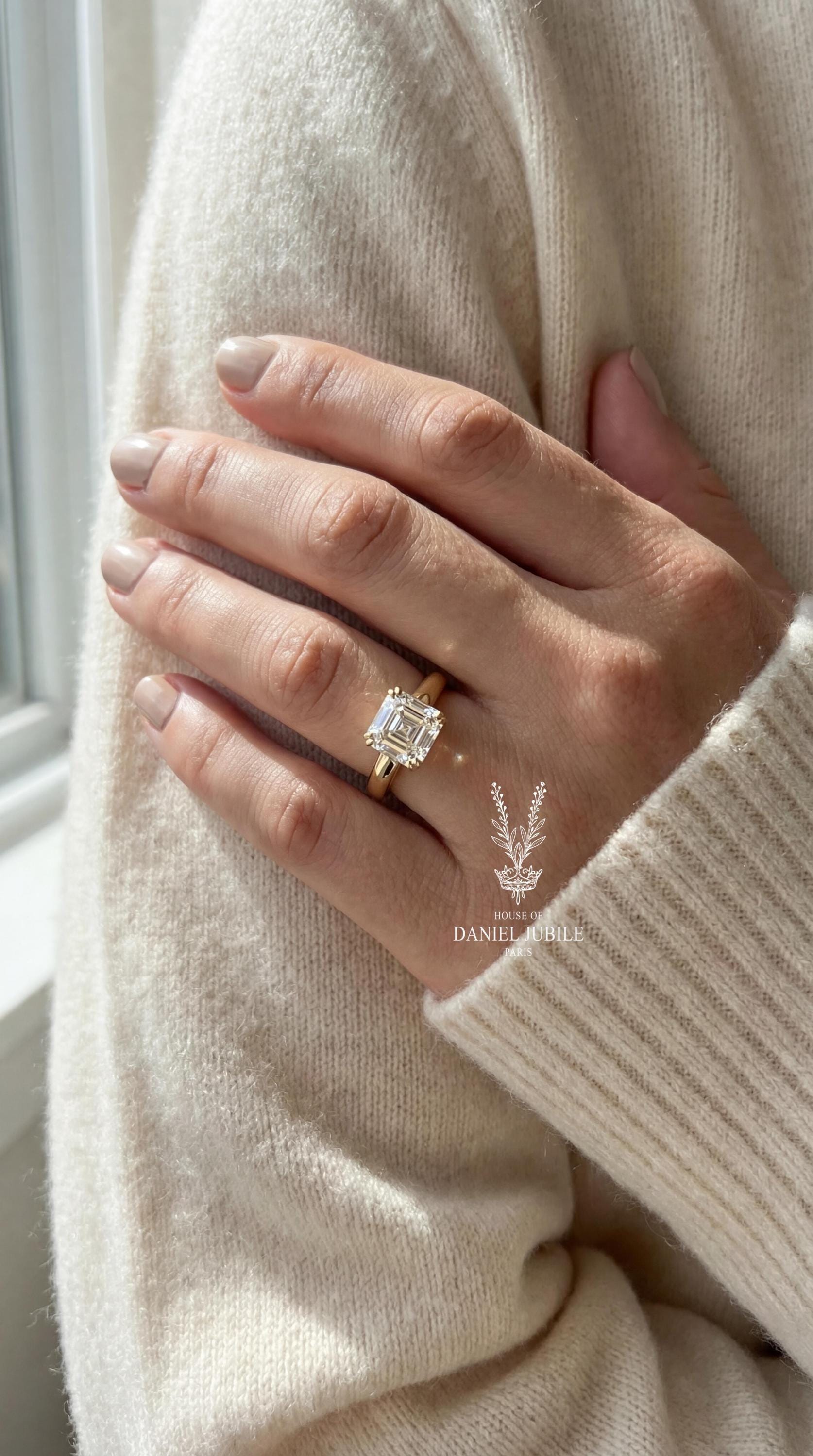 Asscher Cut Lab Diamond Solitaire Ring – 14k Gold Art Deco Engagement