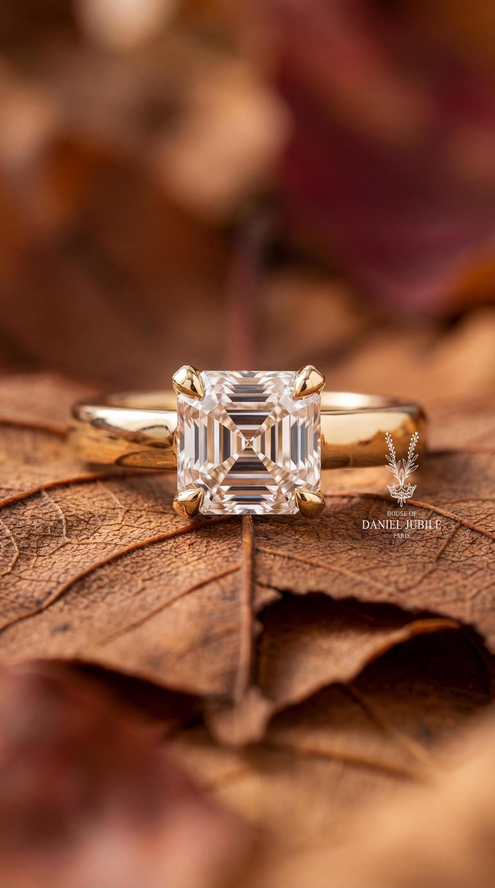 Asscher Cut Lab Diamond Solitaire Ring – 14k Gold Art Deco Engagement