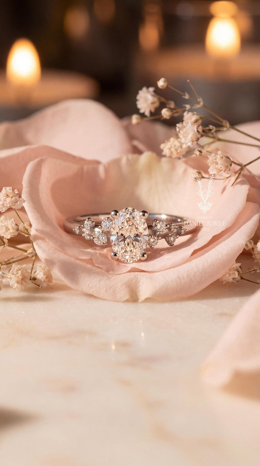 Oval Lab Diamond Engagement Ring – 14k White Gold Stardust Cluster