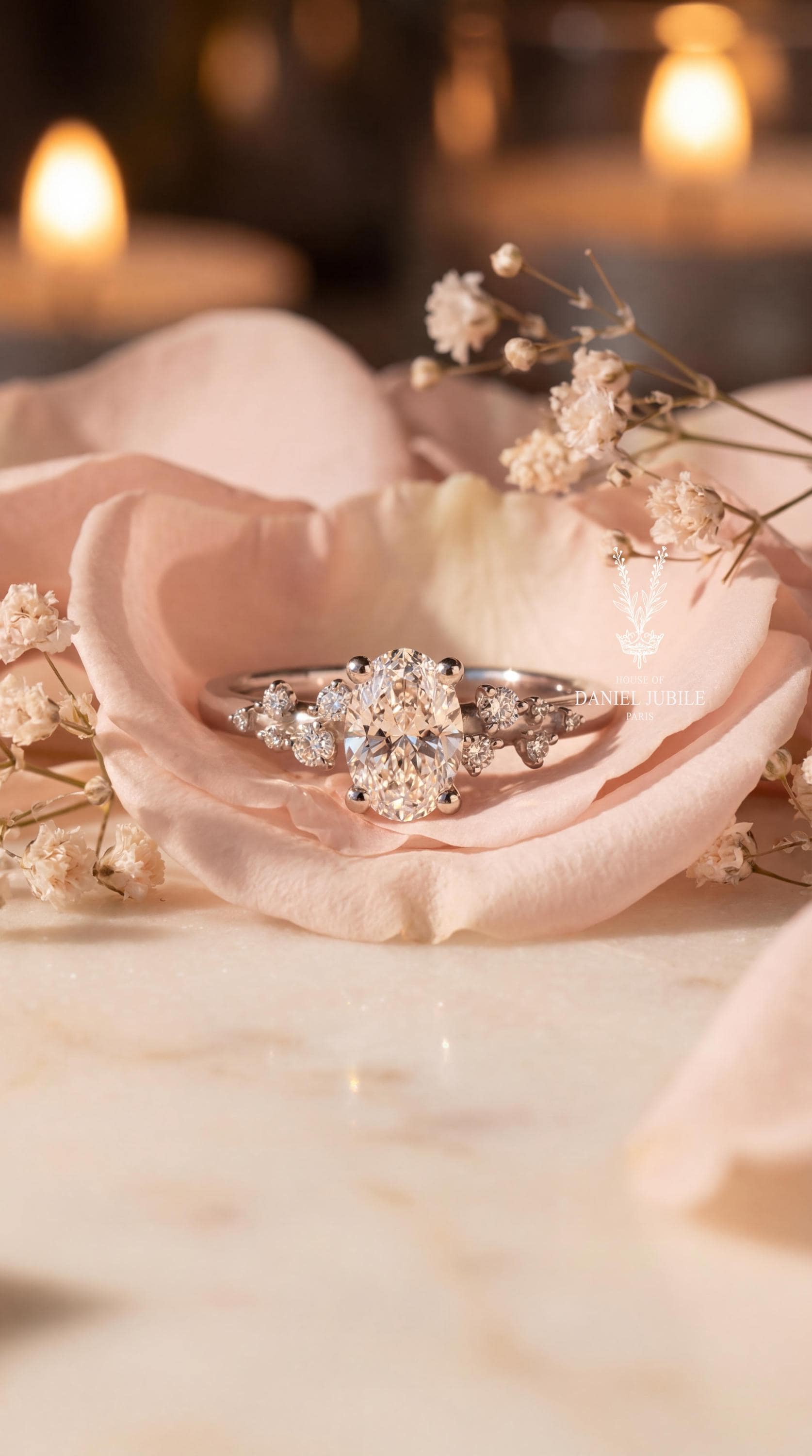 Oval Lab Diamond Engagement Ring – 14k White Gold Stardust Cluster