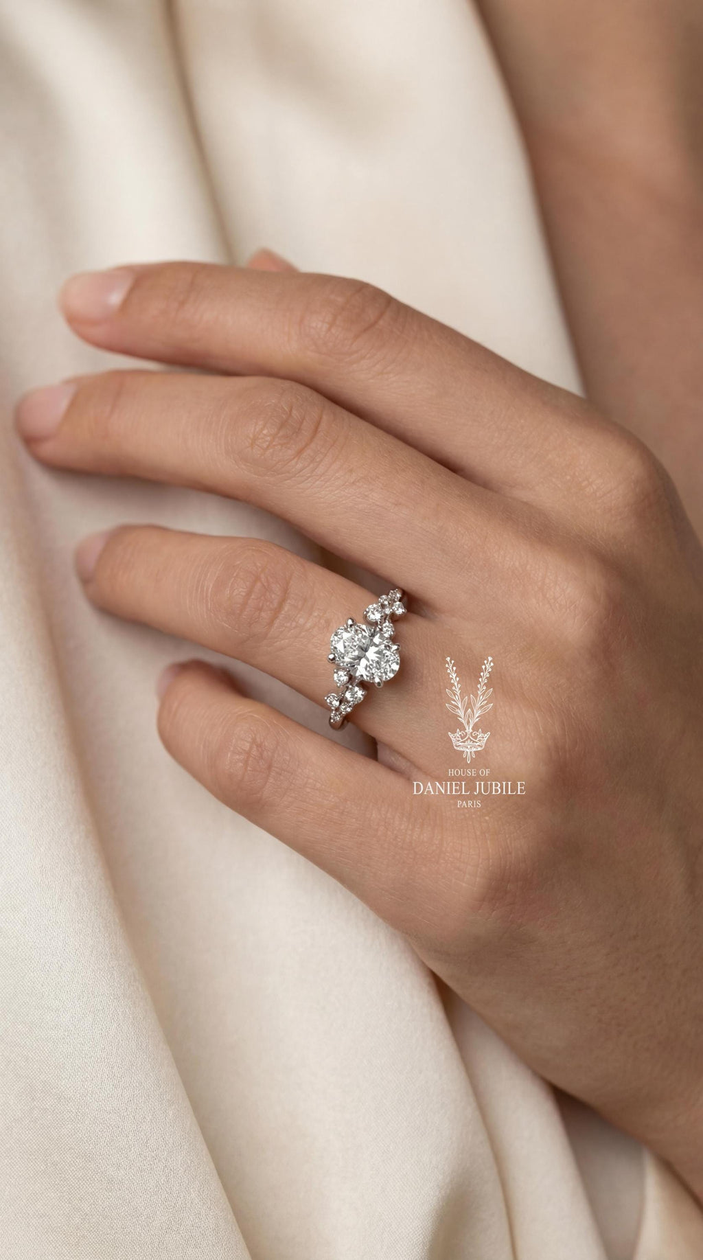 Oval Lab Diamond Engagement Ring – 14k White Gold Stardust Cluster