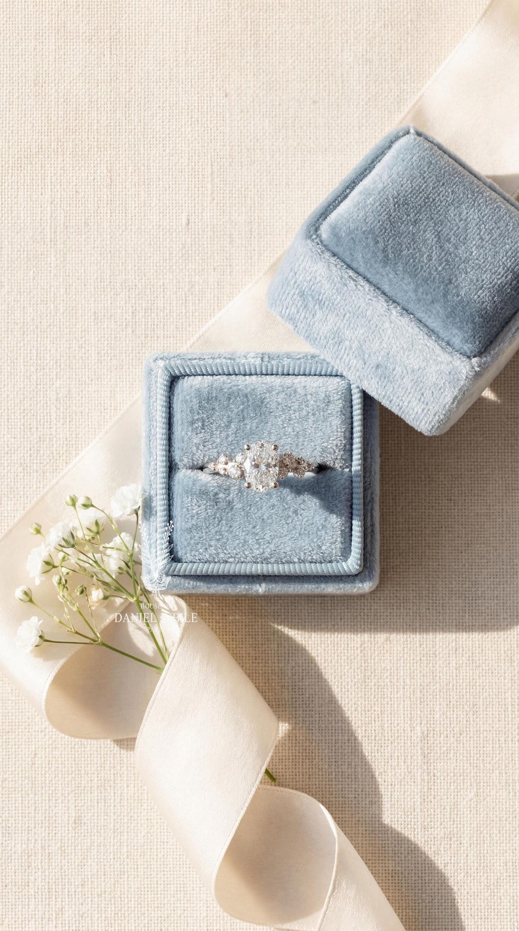 Oval Lab Diamond Engagement Ring – 14k White Gold Stardust Cluster