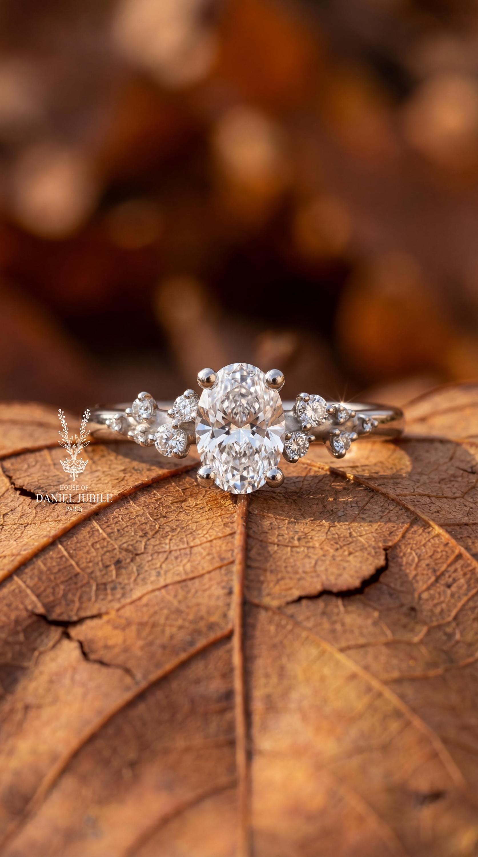 Oval Lab Diamond Engagement Ring – 14k White Gold Stardust Cluster