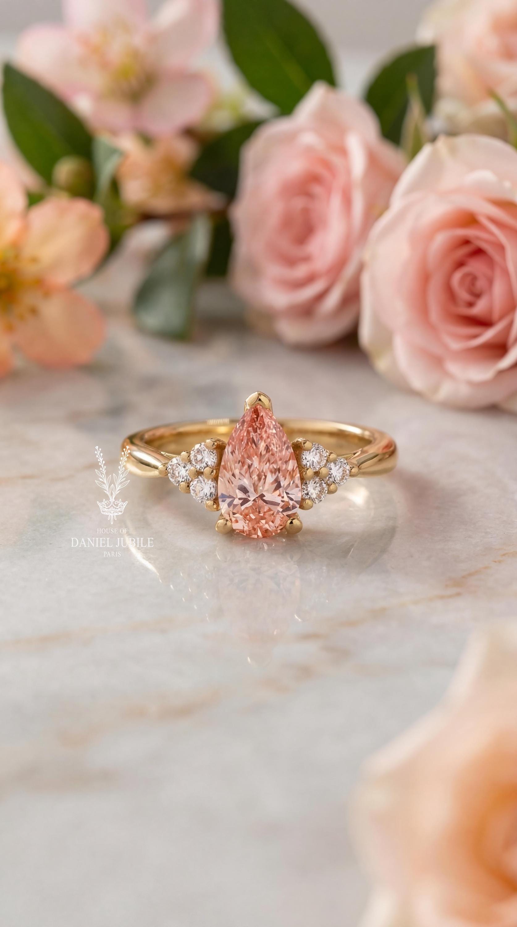 2 Carat Pink Pear Lab Diamond Ring – 14k Gold Cluster, Gemstone Promise Ring