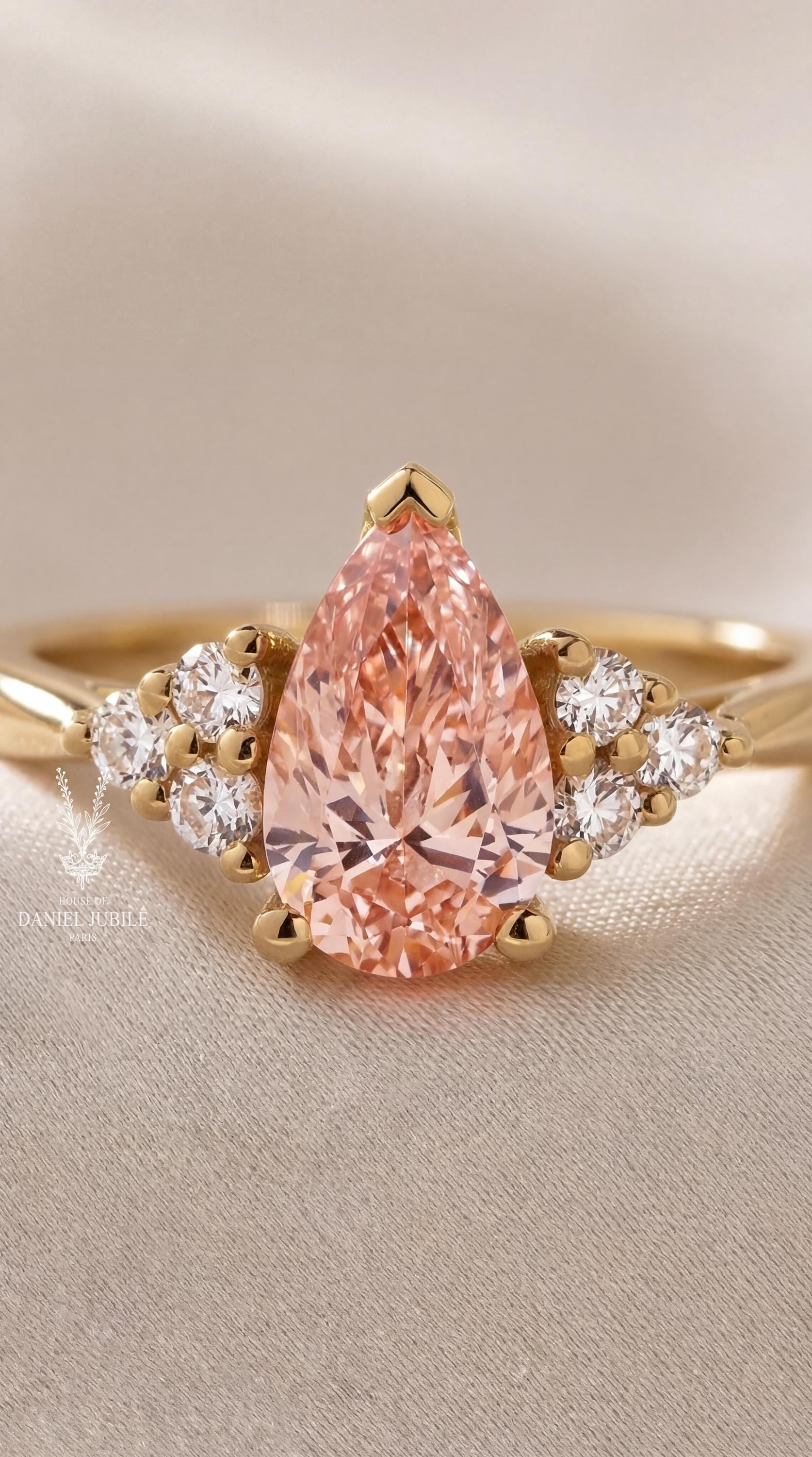 2 Carat Pink Pear Lab Diamond Ring – 14k Gold Cluster, Gemstone Promise Ring