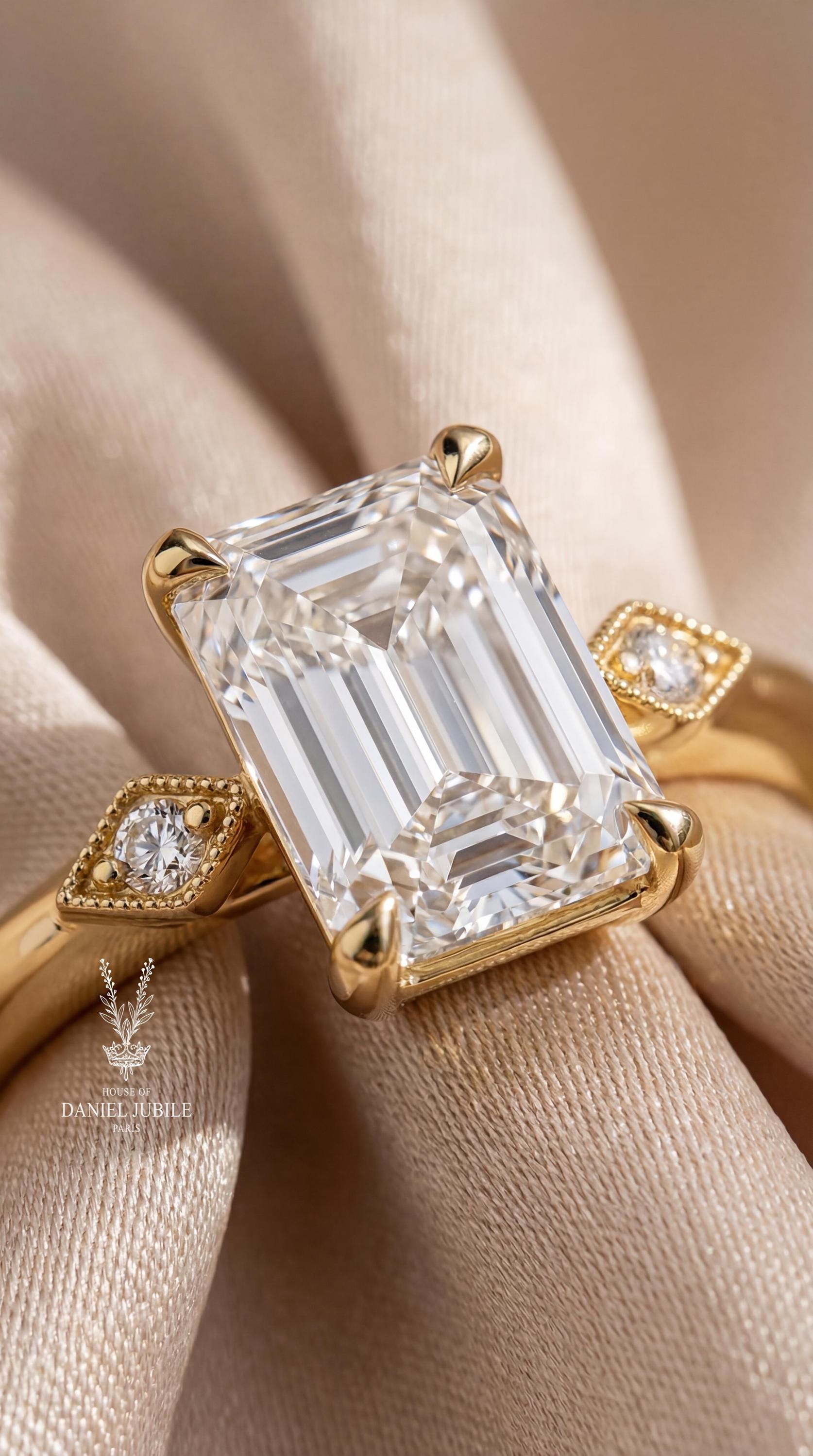 2ct Lab Diamond Ring - 14k Emerald Cut Gold Art Deco Style