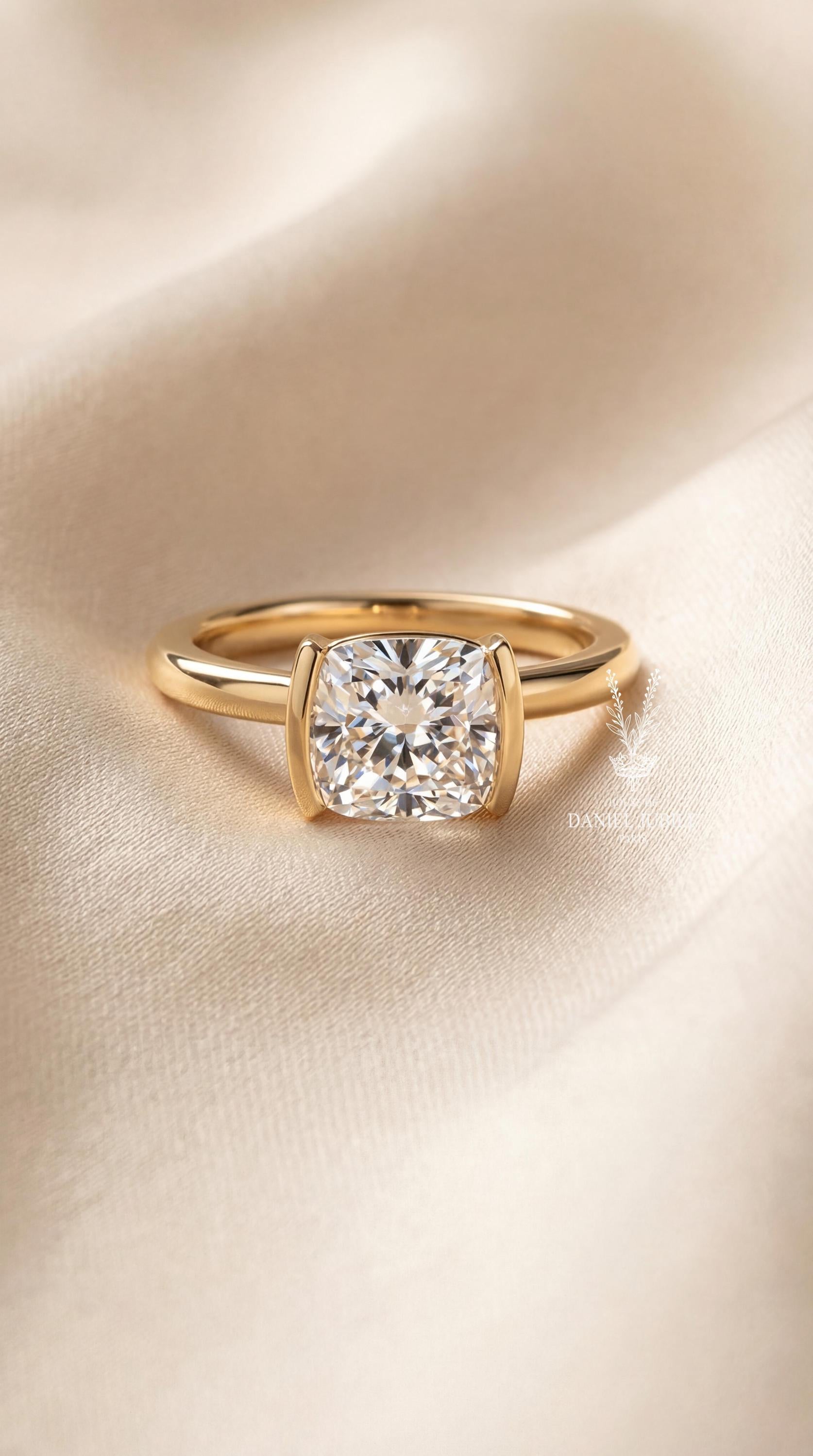 2 Carat Cushion Cut Lab Diamond Ring – 14k Gold Half Bezel Solitaire
