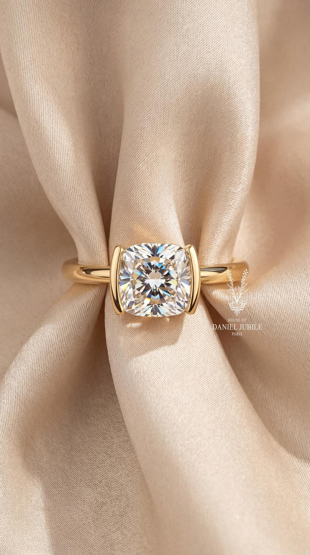 2 Carat Cushion Cut Lab Diamond Ring – 14k Gold Half Bezel Solitaire