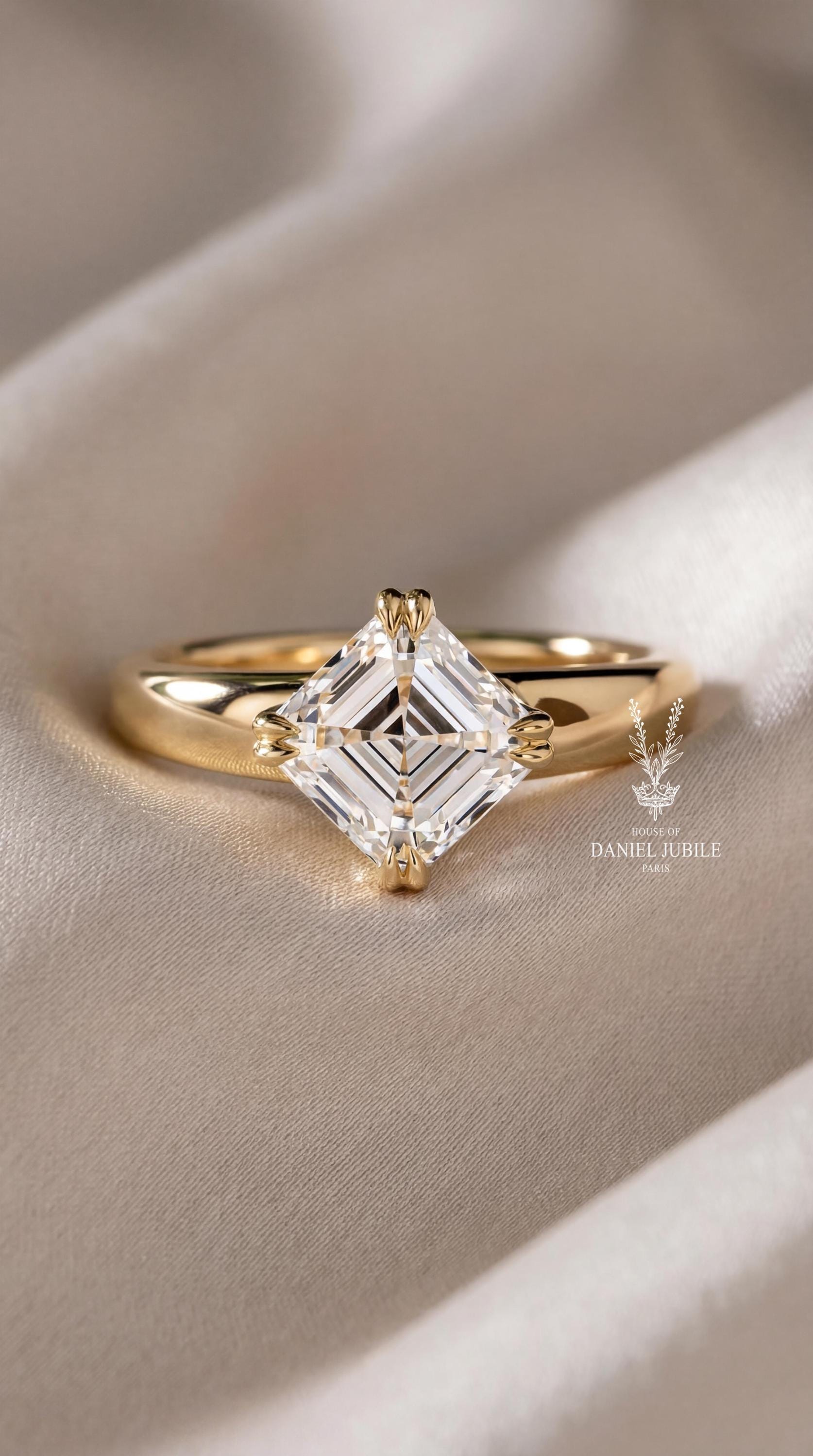 1 Carat Kite Set Asscher Cut Lab Diamond Ring – 14k Gold Solitaire Engagement Ring