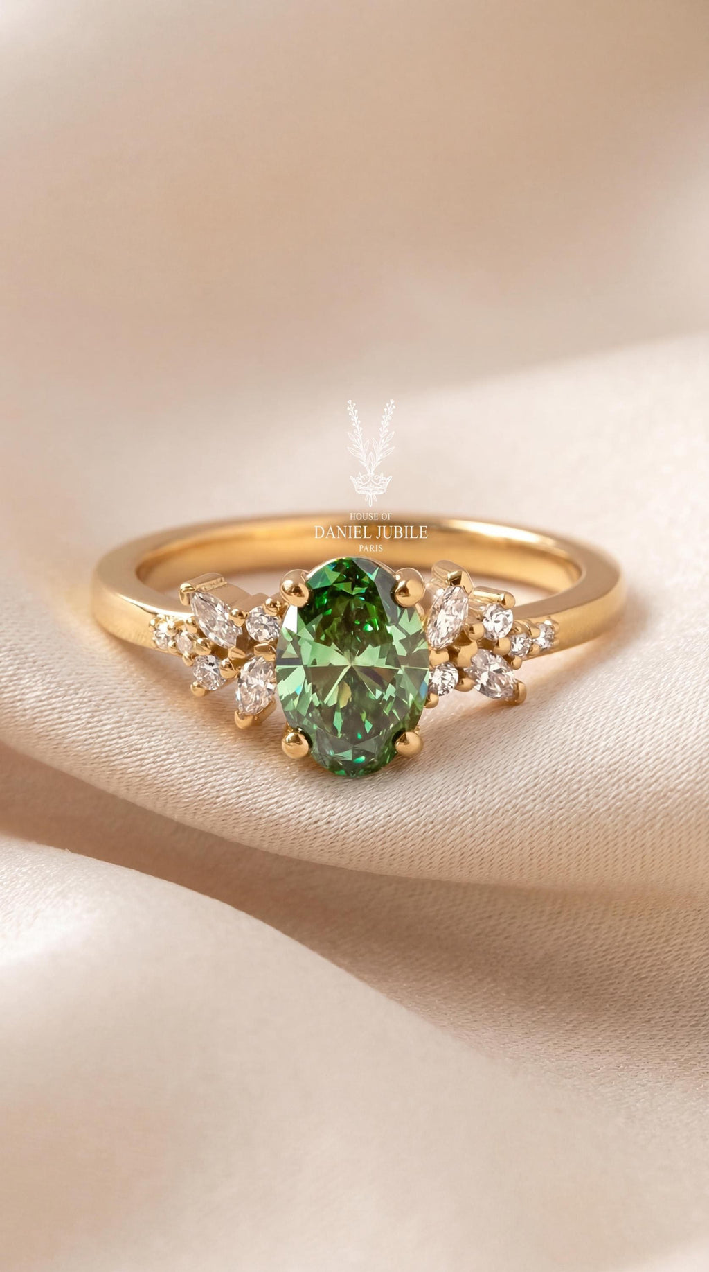 Green Oval Lab Diamond Engagement Ring – 14k Gold Nature Inspired Wedding Band