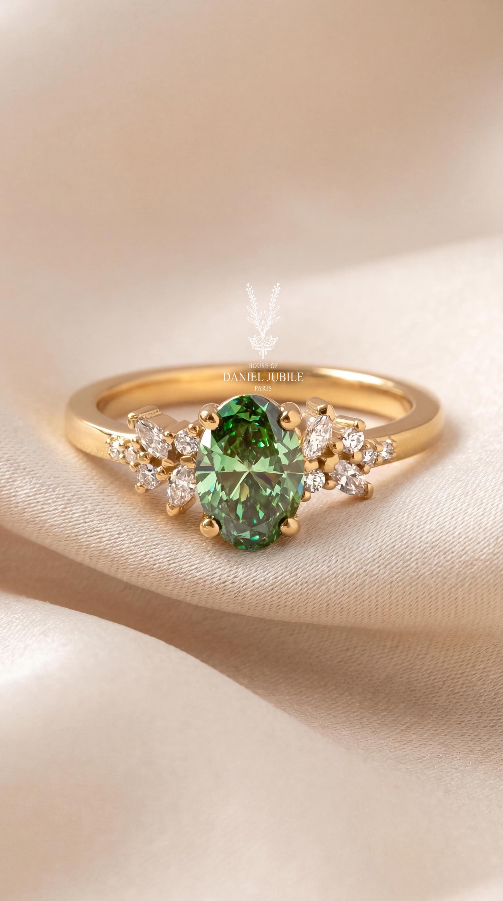 Green Oval Lab Diamond Engagement Ring – 14k Gold Nature Inspired Wedding Band