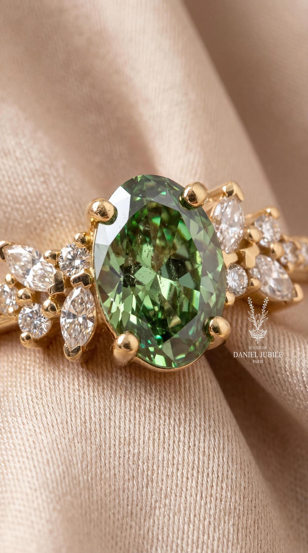 Green Oval Lab Diamond Engagement Ring – 14k Gold Nature Inspired Wedding Band