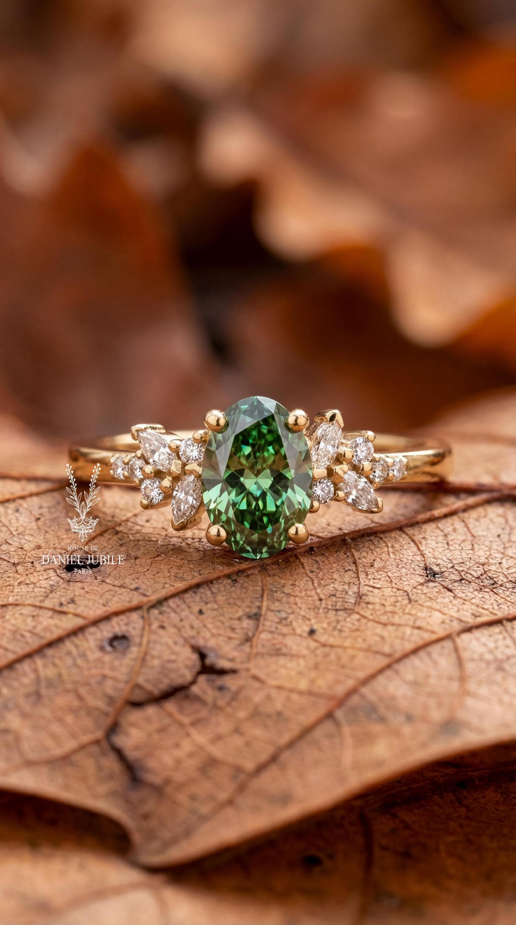 Green Oval Lab Diamond Engagement Ring – 14k Gold Nature Inspired Wedding Band