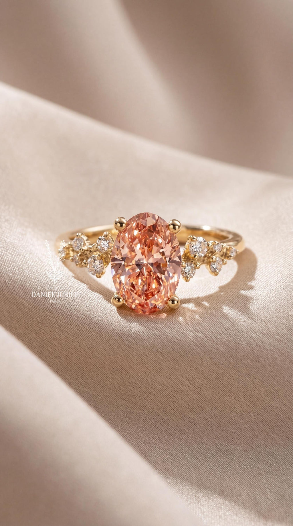 4ct Peach Oval Lab Diamond Engagement Ring – 14k Gold Cluster Wedding Band