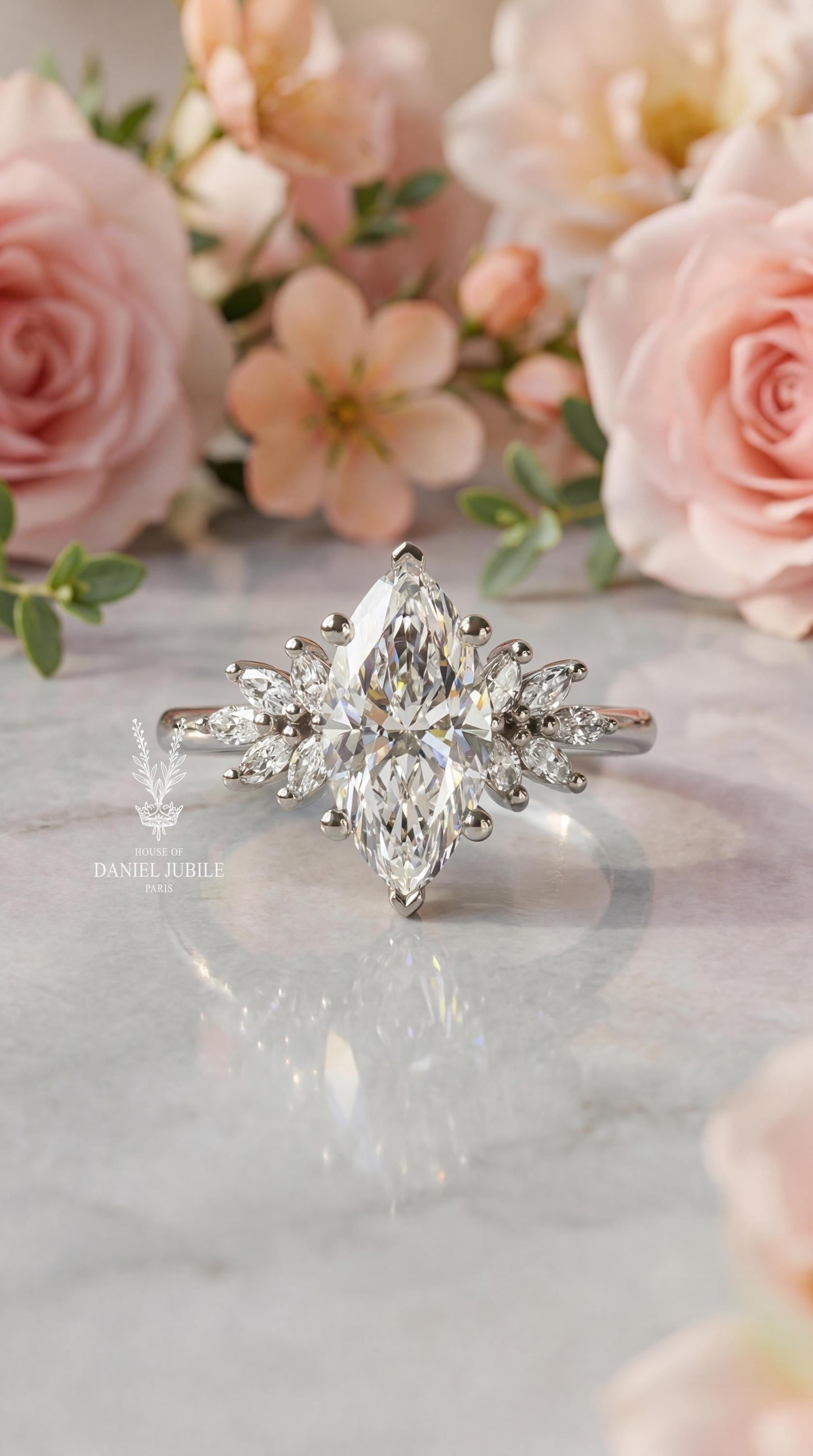 The Phoenix Plume – 3.60ctw Marquise Cut Lab Diamond Engagement Ring in 14k White Gold, Vintage Wing Cluster Wedding Ring, Gift for her