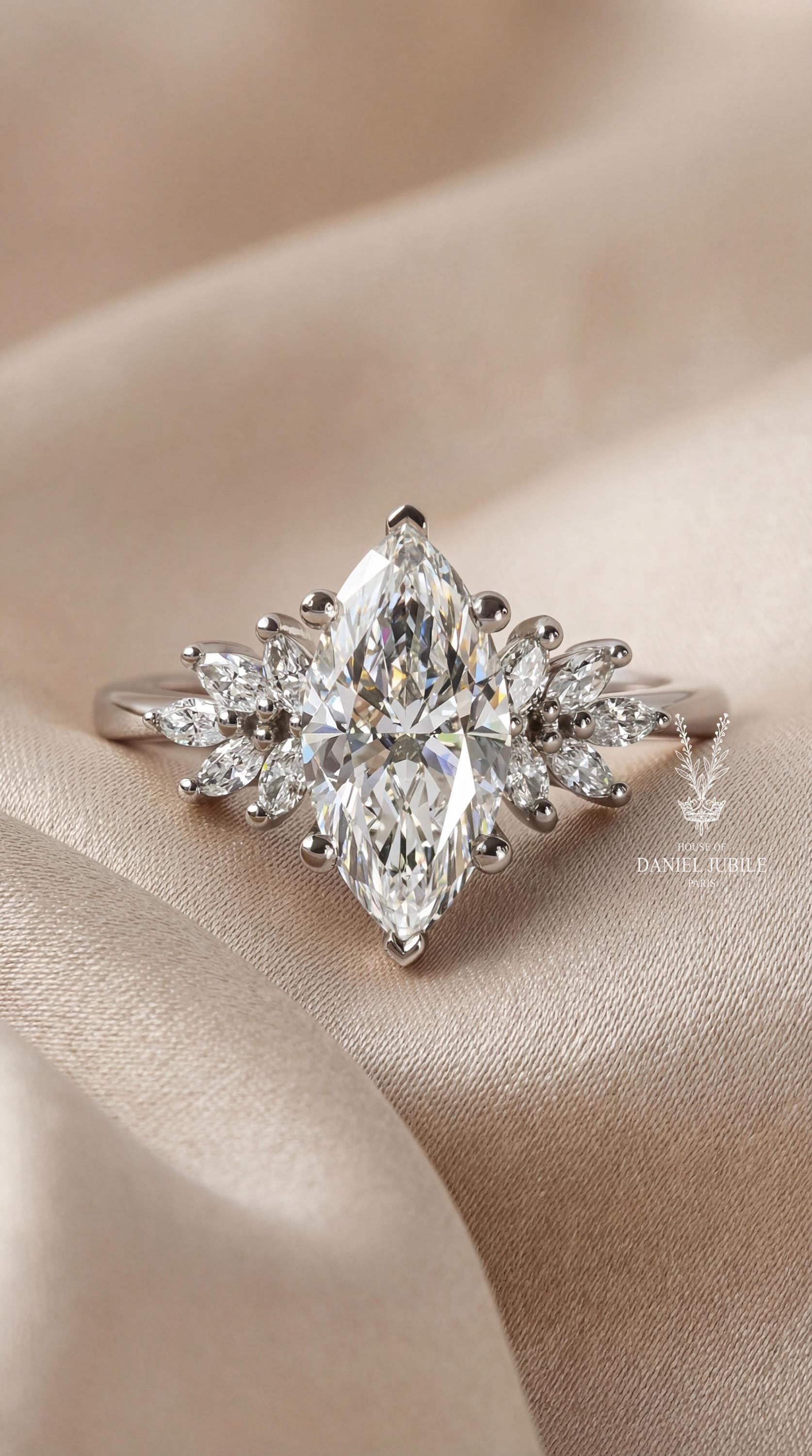 The Phoenix Plume – 3.60ctw Marquise Cut Lab Diamond Engagement Ring in 14k White Gold, Vintage Wing Cluster Wedding Ring, Gift for her
