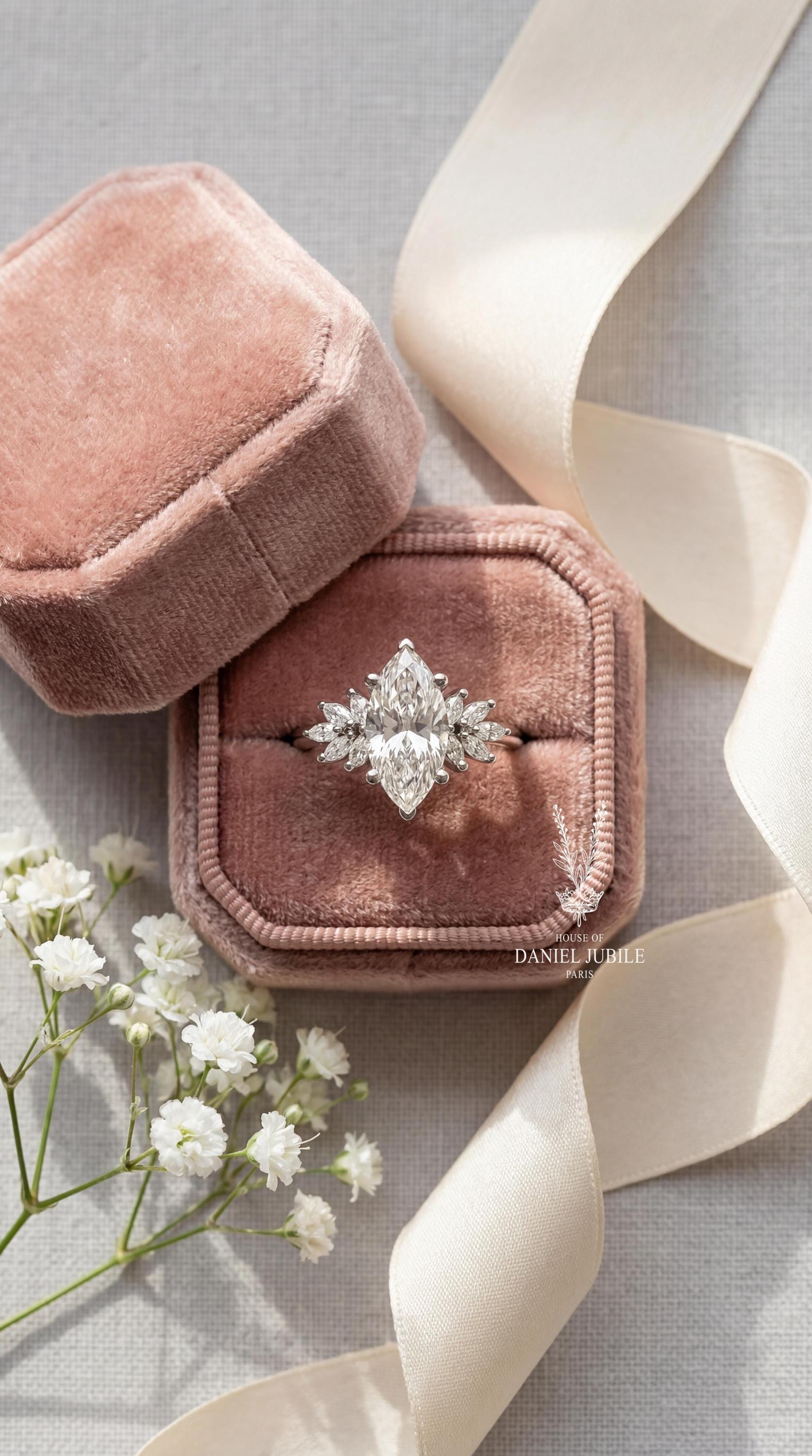 The Phoenix Plume – 3.60ctw Marquise Cut Lab Diamond Engagement Ring in 14k White Gold, Vintage Wing Cluster Wedding Ring, Gift for her