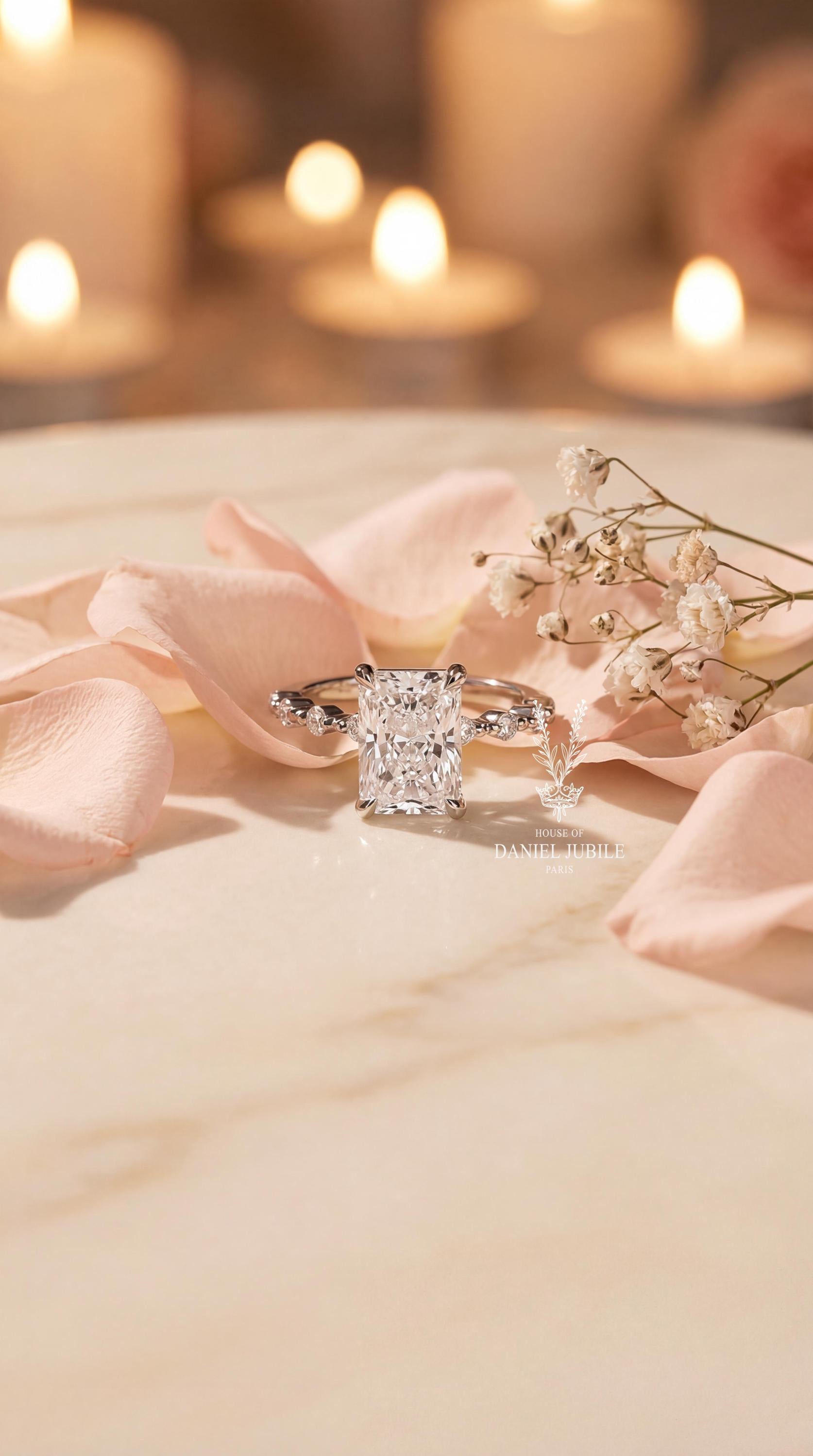 The Astral Tide – 3ct Radiant Cut Lab Diamond Engagement Ring in 14k White Gold, Bubble Prong Hidden Halo Wedding Ring, Gift for Her
