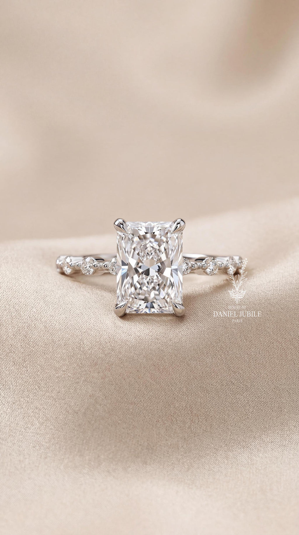 The Astral Tide – 3ct Radiant Cut Lab Diamond Engagement Ring in 14k White Gold, Bubble Prong Hidden Halo Wedding Ring, Gift for Her