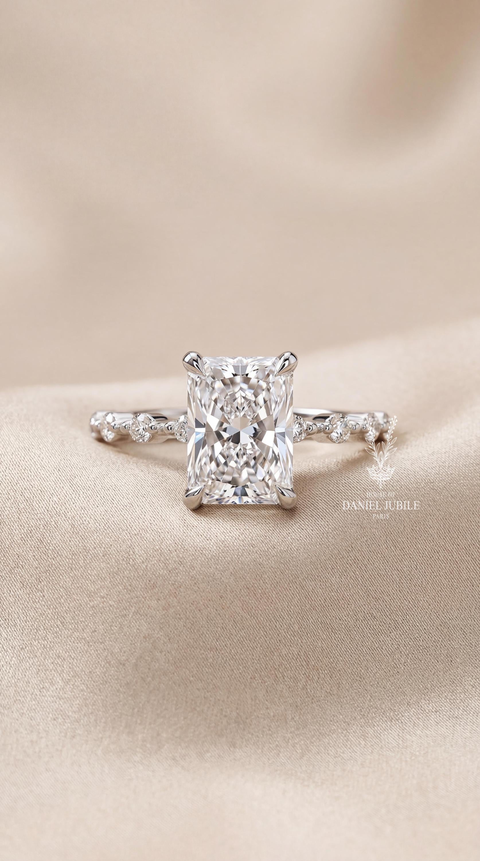 The Astral Tide – 3ct Radiant Cut Lab Diamond Engagement Ring in 14k White Gold, Bubble Prong Hidden Halo Wedding Ring, Gift for Her