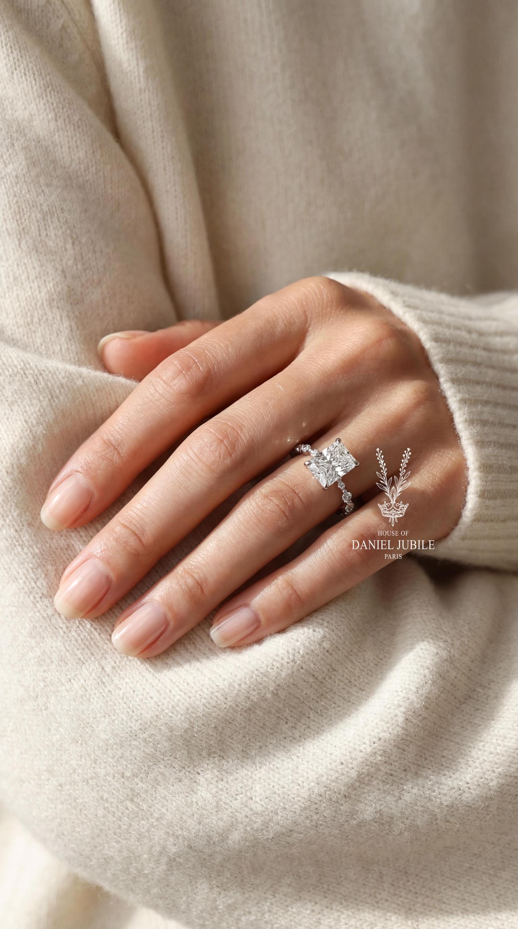 The Astral Tide – 3ct Radiant Cut Lab Diamond Engagement Ring in 14k White Gold, Bubble Prong Hidden Halo Wedding Ring, Gift for Her