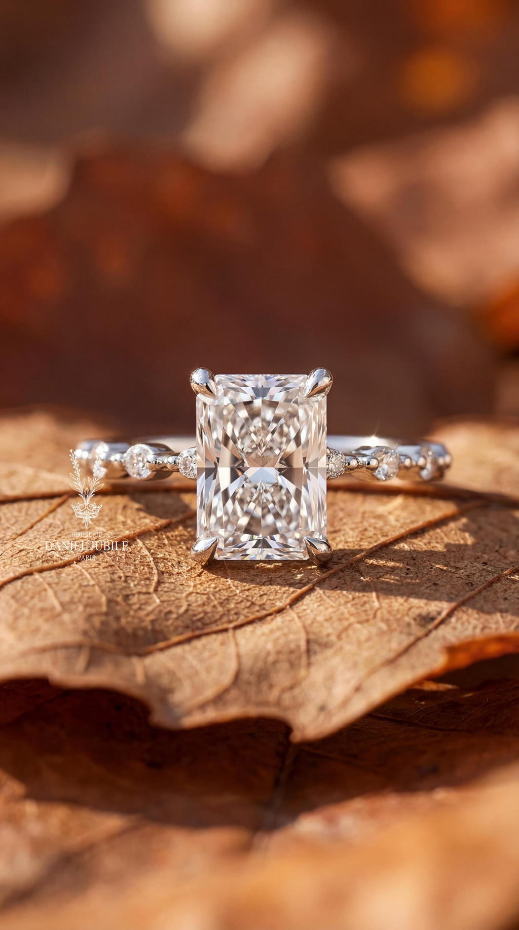 The Astral Tide – 3ct Radiant Cut Lab Diamond Engagement Ring in 14k White Gold, Bubble Prong Hidden Halo Wedding Ring, Gift for Her