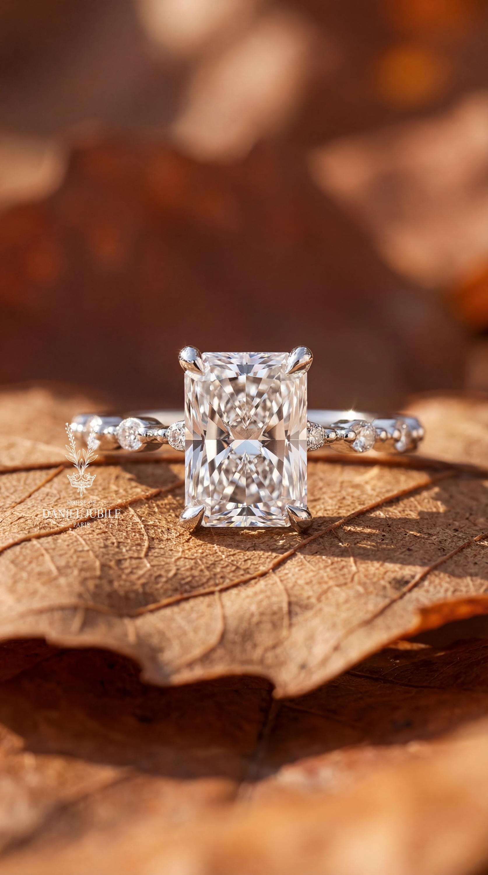 The Astral Tide – 3ct Radiant Cut Lab Diamond Engagement Ring in 14k White Gold, Bubble Prong Hidden Halo Wedding Ring, Gift for Her