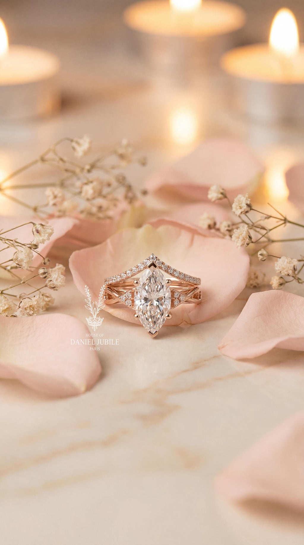 3 Carat Marquise Lab Grown Diamond Bridal Set - 14k Rose Gold Infinity Chevron Wedding Ring