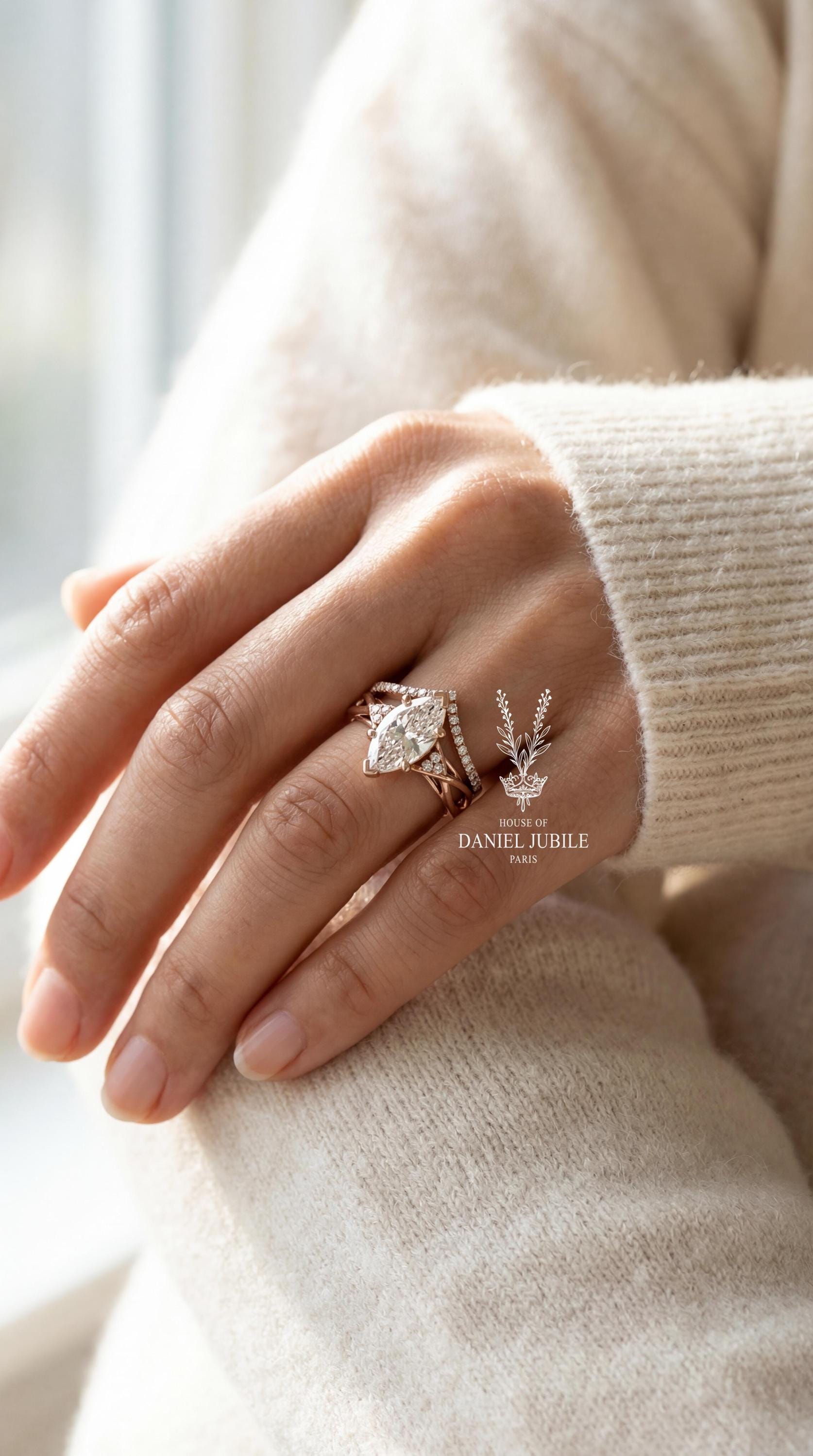 3 Carat Marquise Lab Grown Diamond Bridal Set - 14k Rose Gold Infinity Chevron Wedding Ring