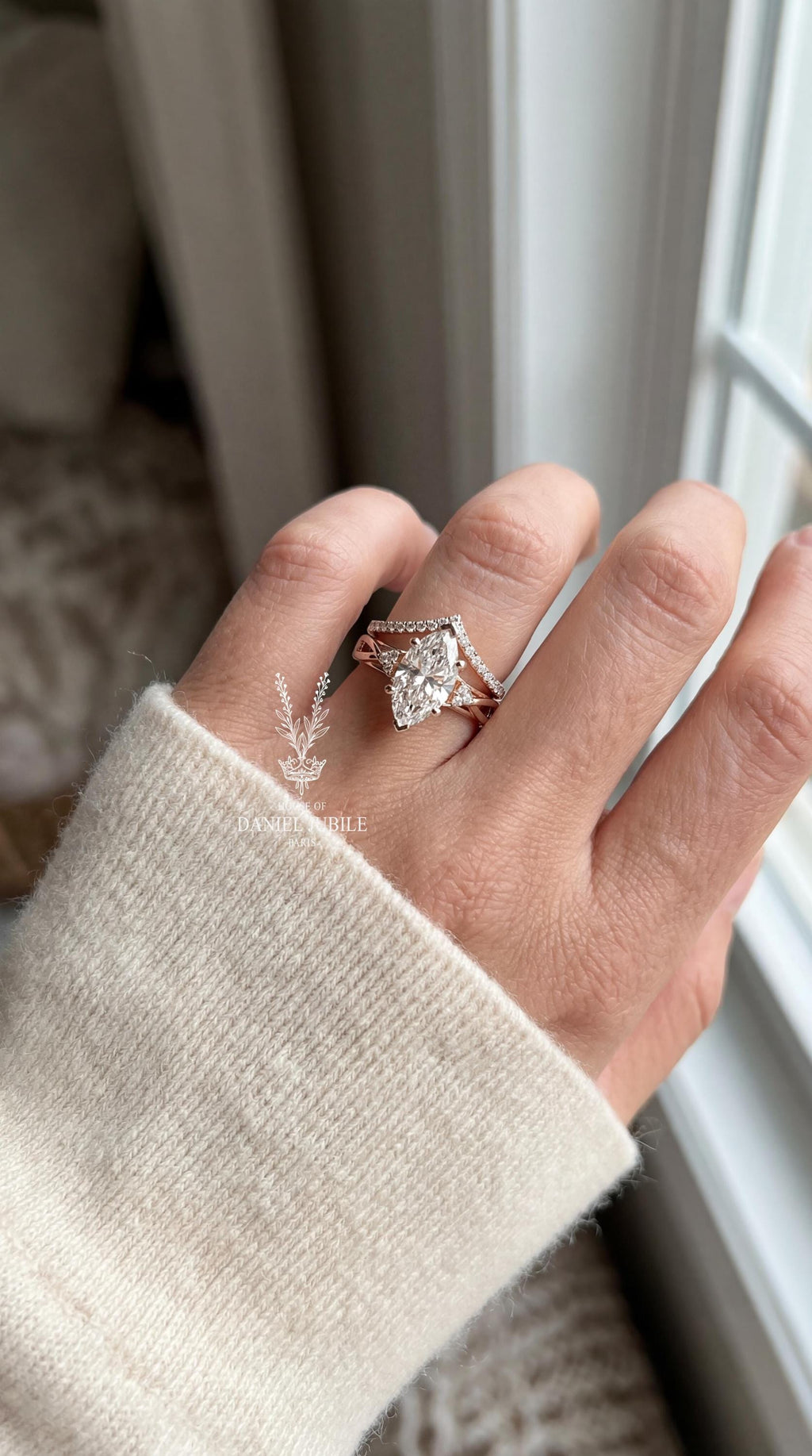 3 Carat Marquise Lab Grown Diamond Bridal Set - 14k Rose Gold Infinity Chevron Wedding Ring