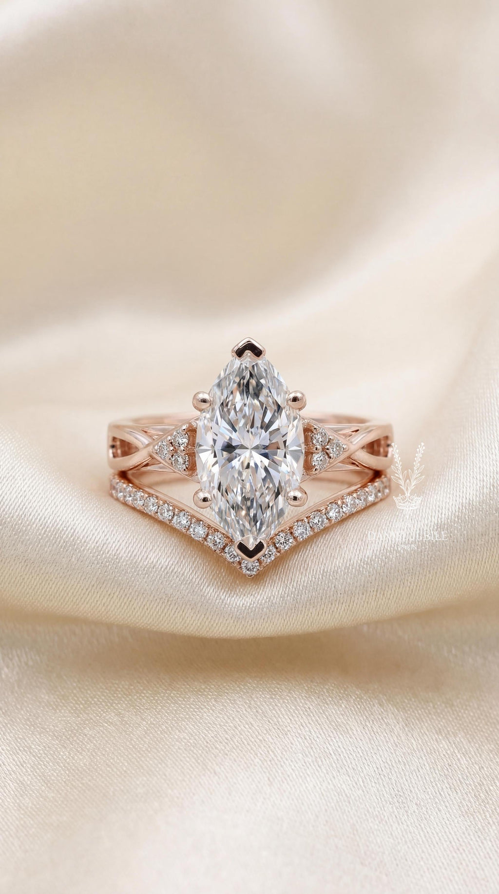 3 Carat Marquise Lab Grown Diamond Bridal Set - 14k Rose Gold Infinity Chevron Wedding Ring