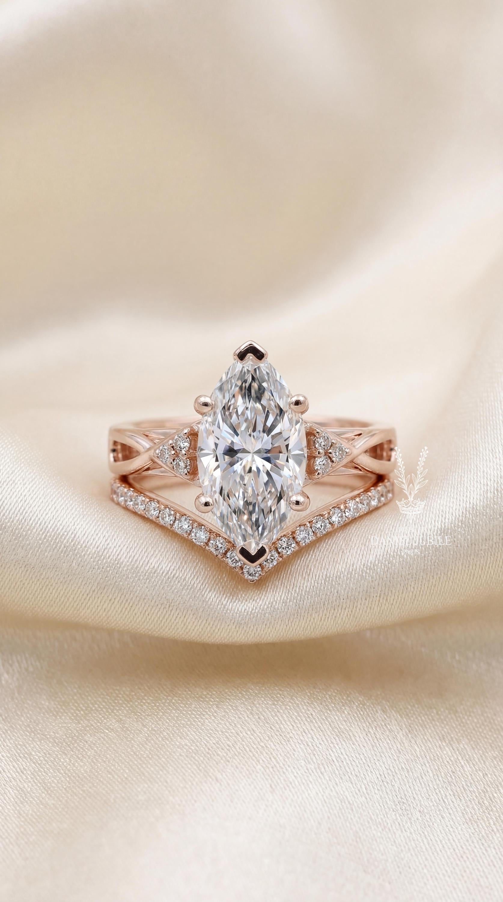 3 Carat Marquise Lab Grown Diamond Bridal Set - 14k Rose Gold Infinity Chevron Wedding Ring