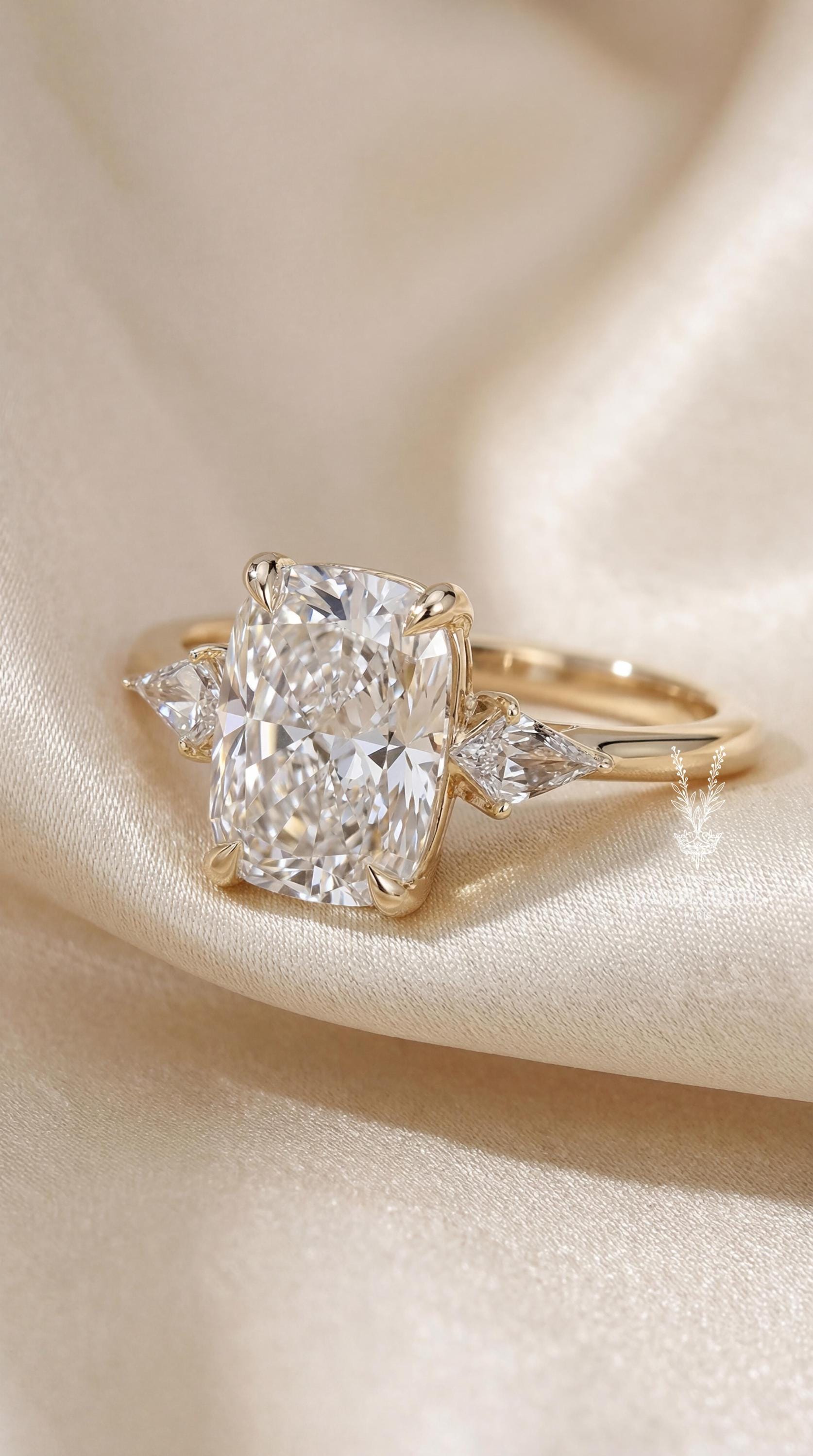 3ct Elongated Cushion Cut Lab Diamond Ring – Vintage 14K Gold Engagement