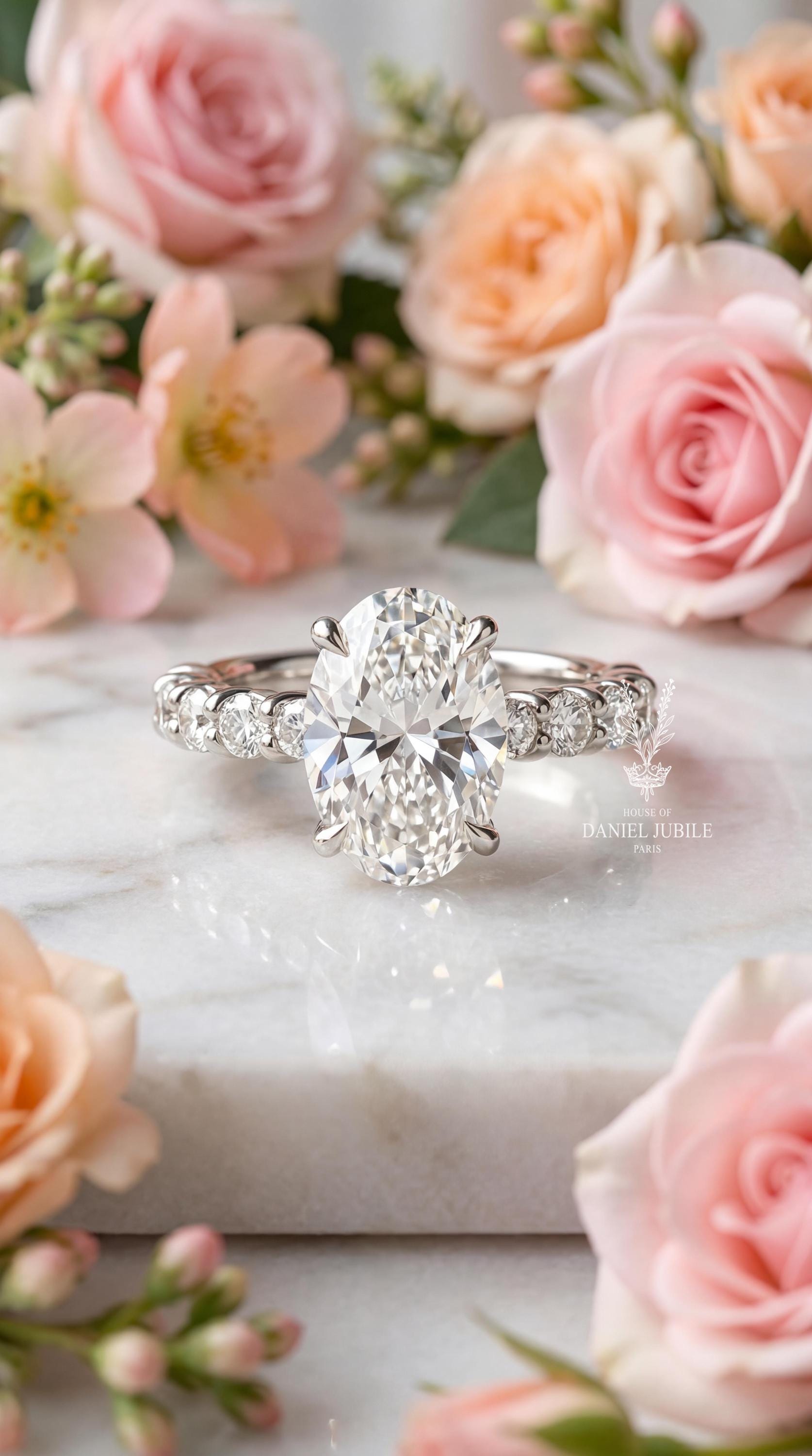 5 Carat Ophelia Scallop Oval Lab Diamond Engagement Ring – 14k White Gold Hidden Halo